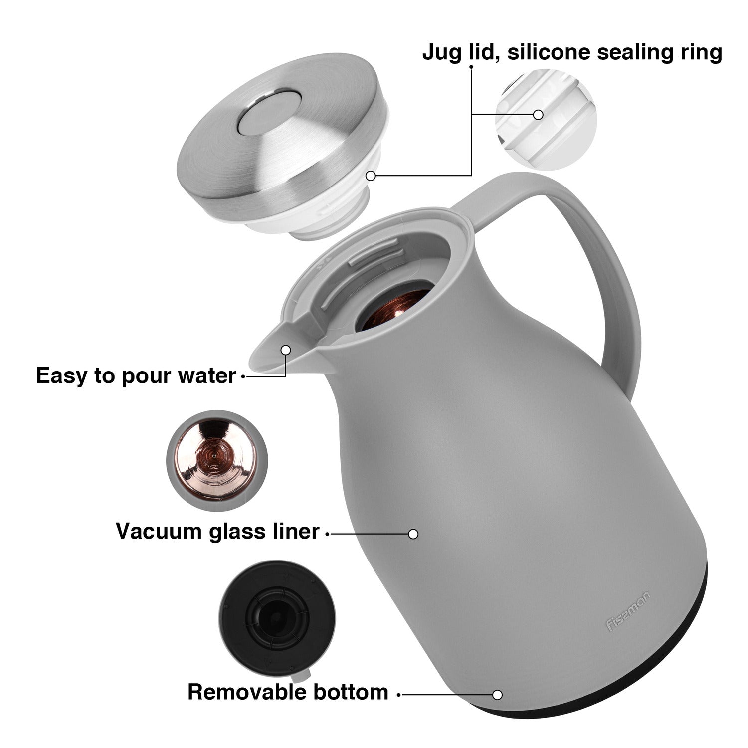 قارورة فيسمان المعزولة بالفراغ، سعة 1000 مل، رمادية اللون، مع بطانة زجاجية وردية اللون