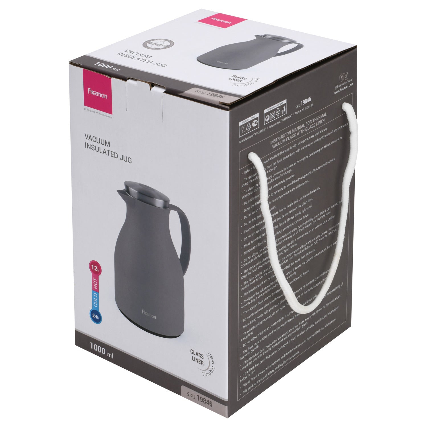 قارورة فيسمان المعزولة بالفراغ، سعة 1000 مل، رمادية اللون، مع بطانة زجاجية وردية اللون