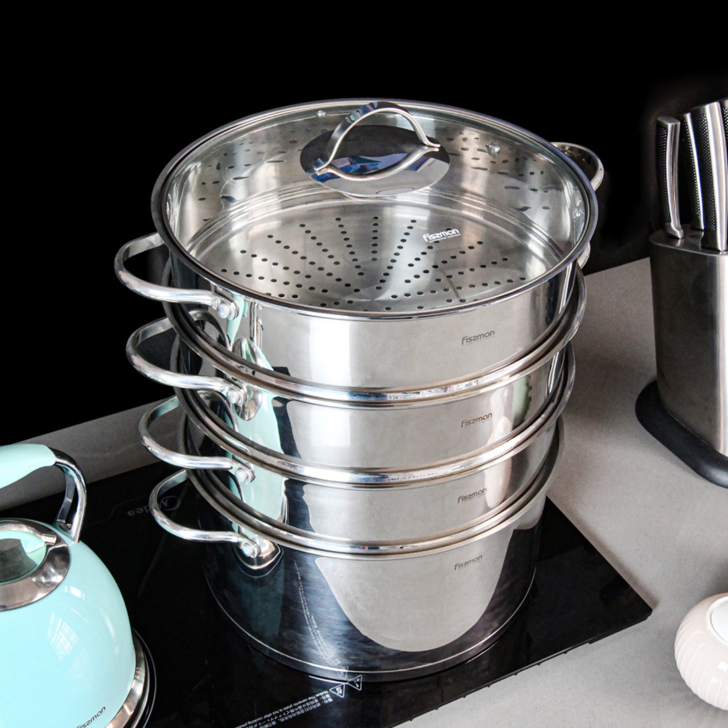 قدر بخار فيسمان المصنوع من الفولاذ المقاوم للصدأ مع 3 ملحقات بخار 32×15 سم/12 لتر - جهاز طبخ متعدد الاستخدامات من بركات، ملحق رائع لطهي الخضراوات والفواكه والبيض على البخار