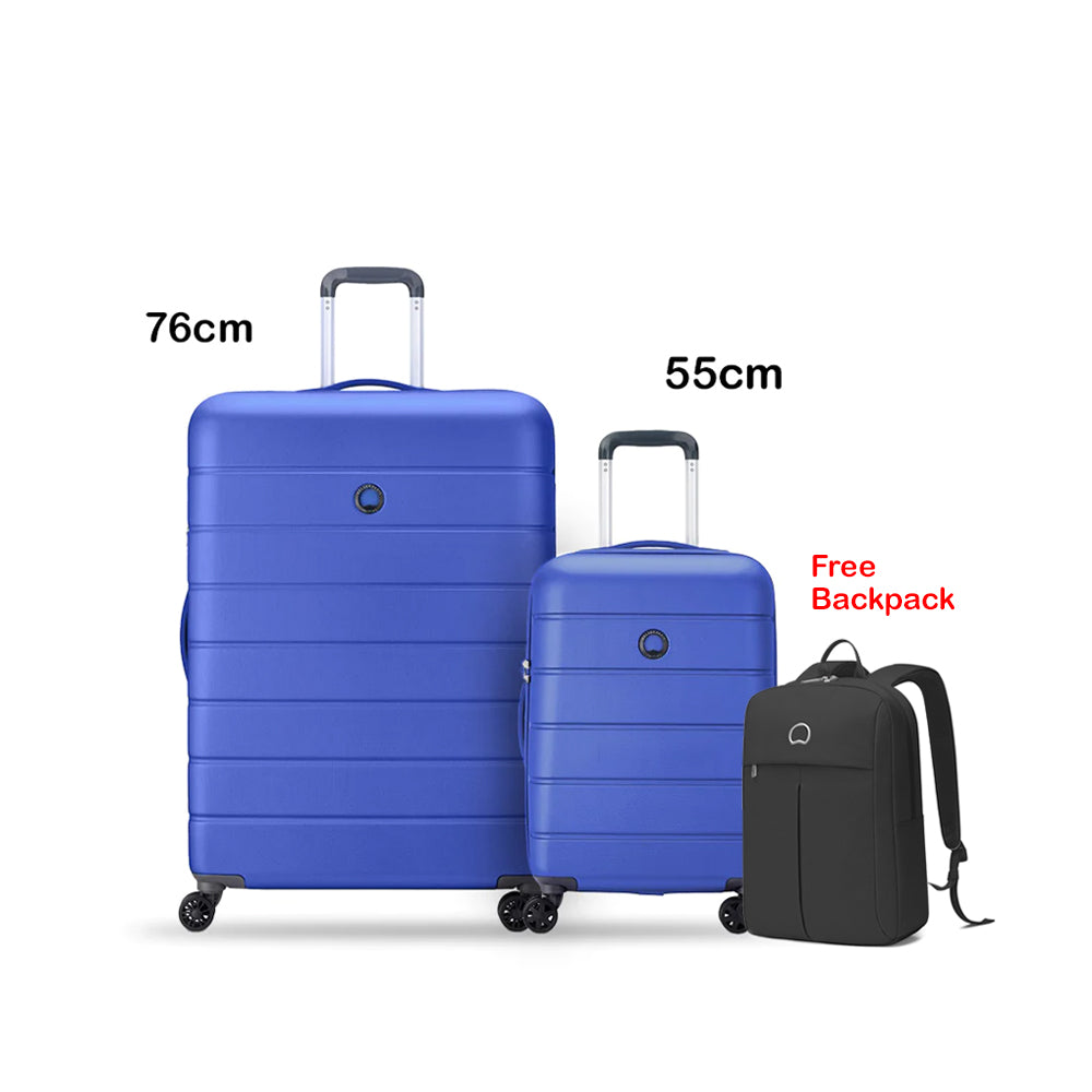 Delsey Lagos 2Piece SET 55+76cm Hardcase 4 Double Wheel Cabin & Check-In Luggage Trolley Deep Blue + FREE Delsey Agreable Backpack