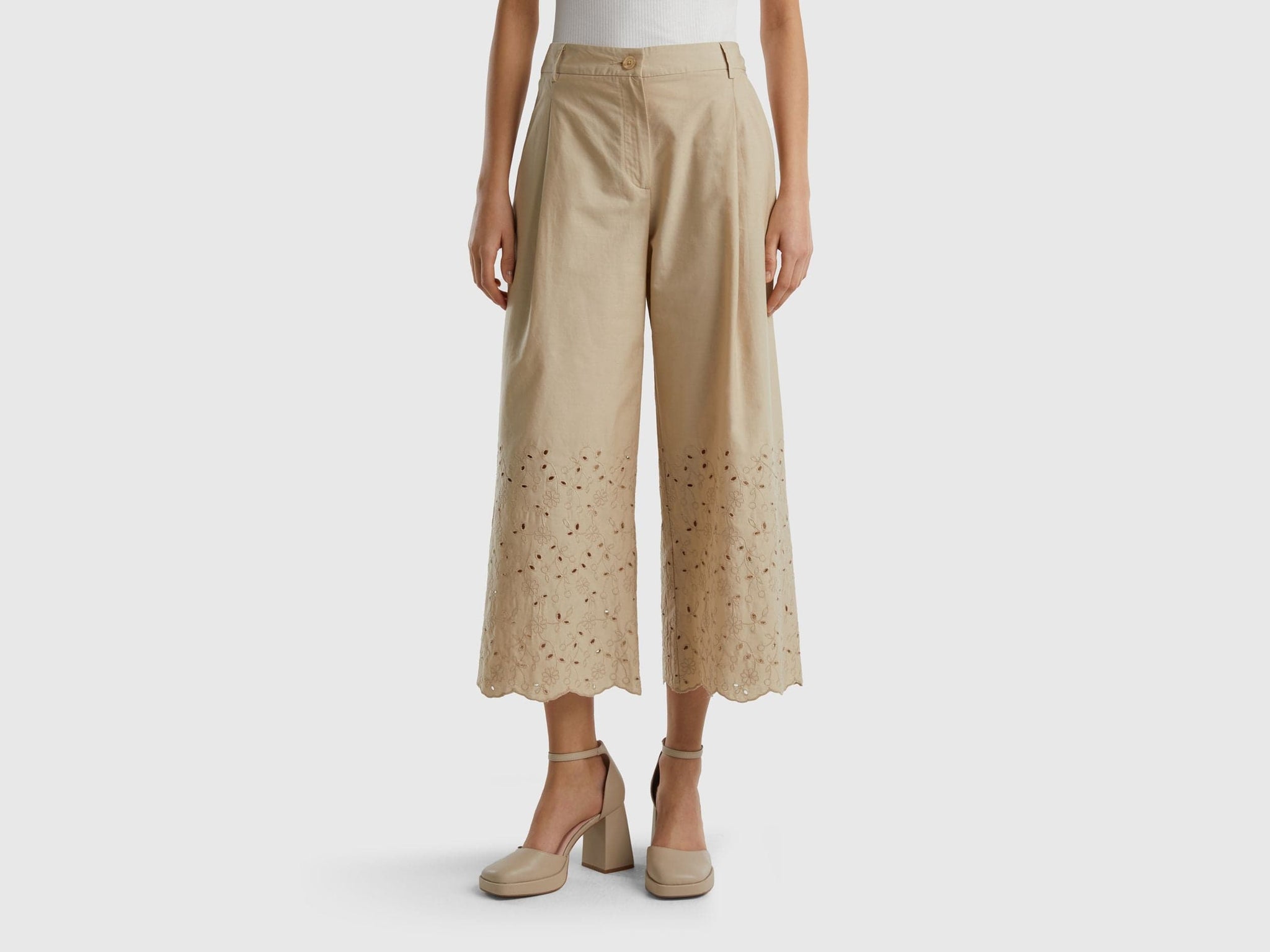Wide trousers with broderie anglaise embroidery