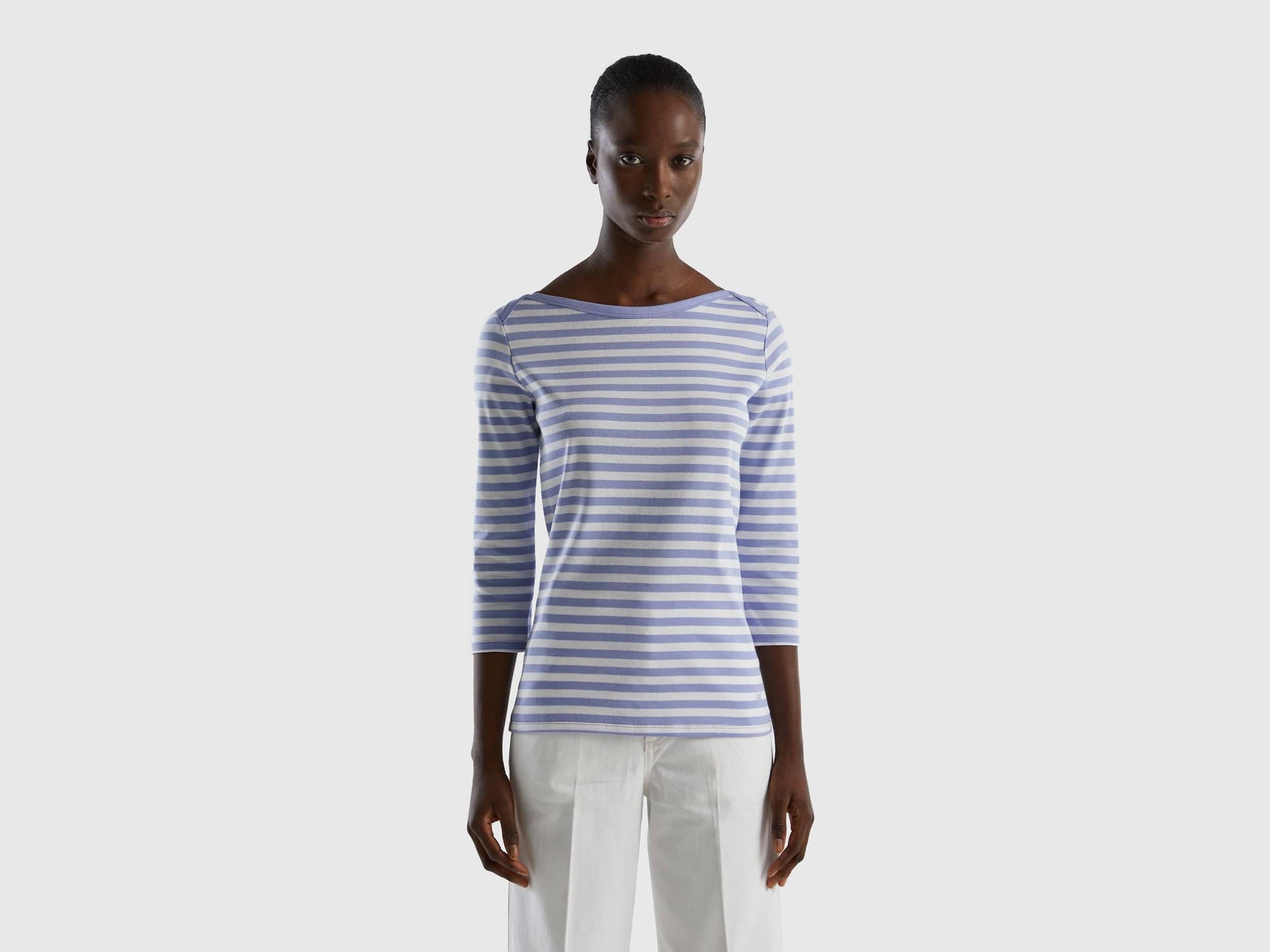 تي شيرت مخطط بأكمام 3/4 من القطن بنسبة 100%