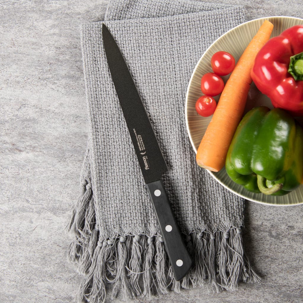 سكين تقطيع فيسمان من الفولاذ المقاوم للصدأ مع طلاء غير لاصق أسود/فضي 8 بوصة