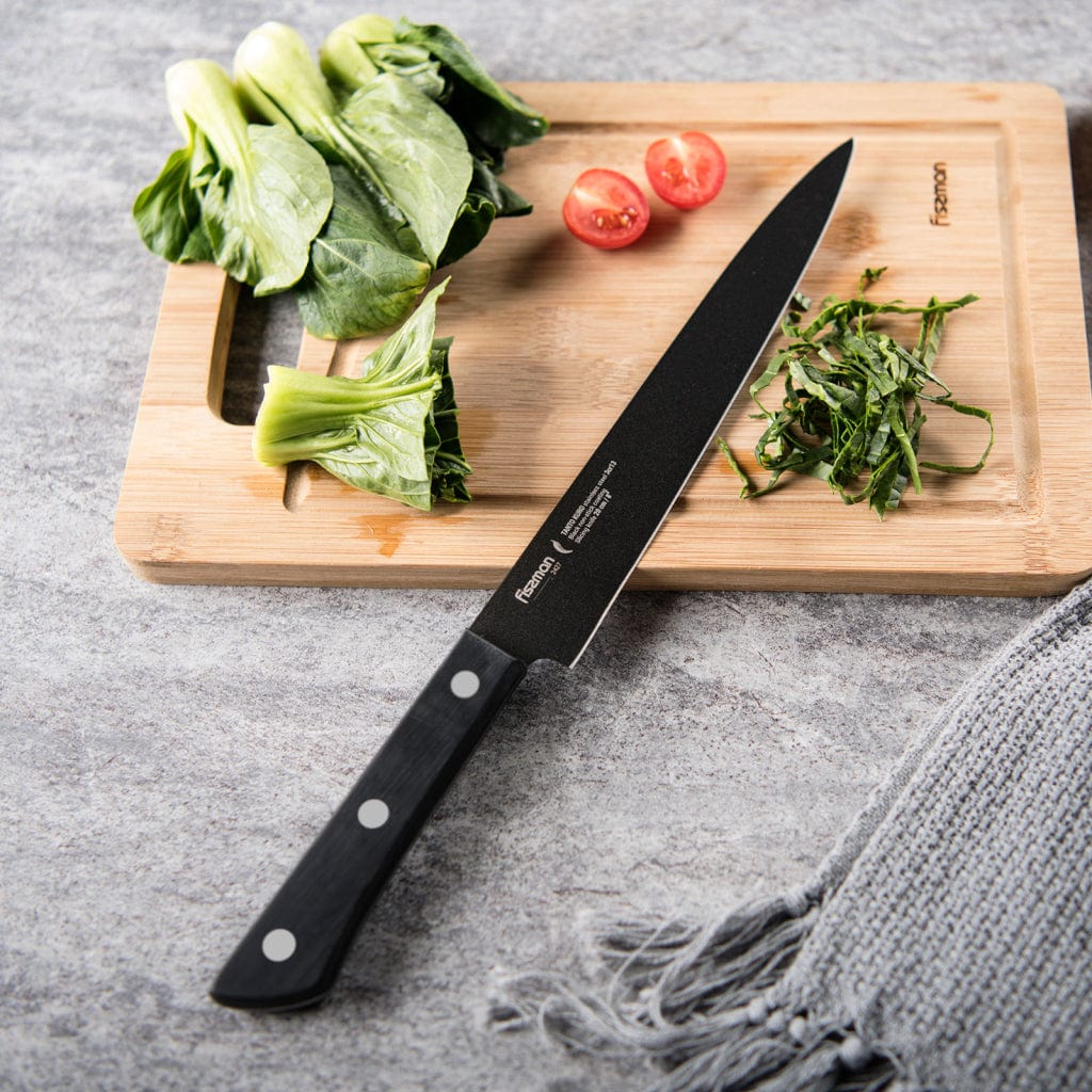 سكين تقطيع فيسمان من الفولاذ المقاوم للصدأ مع طلاء غير لاصق أسود/فضي 8 بوصة