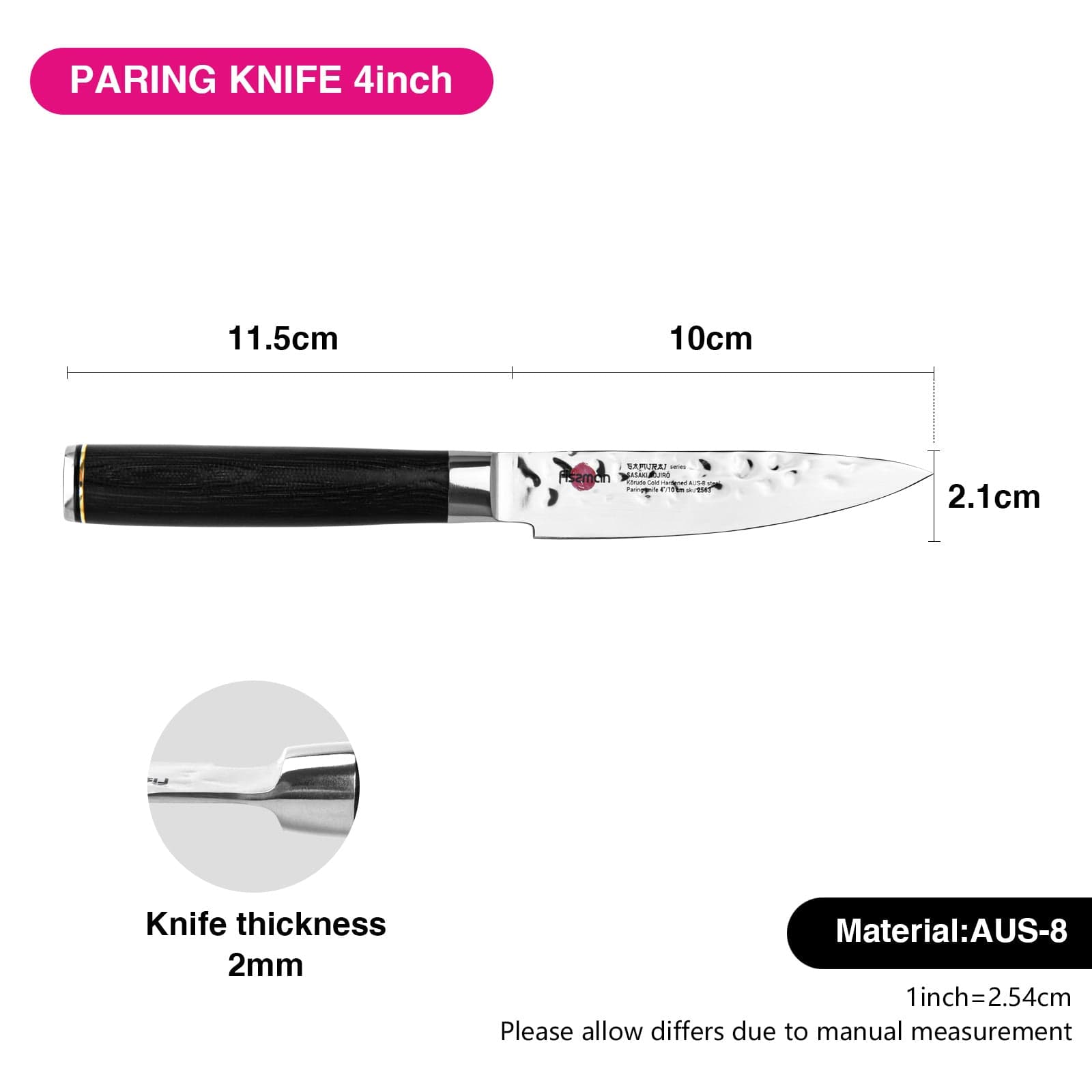 سكين تقشير فيسمان ساموراي كوجيرو، مقاس 4 بوصات، 10 سم (فولاذ AUS-8)