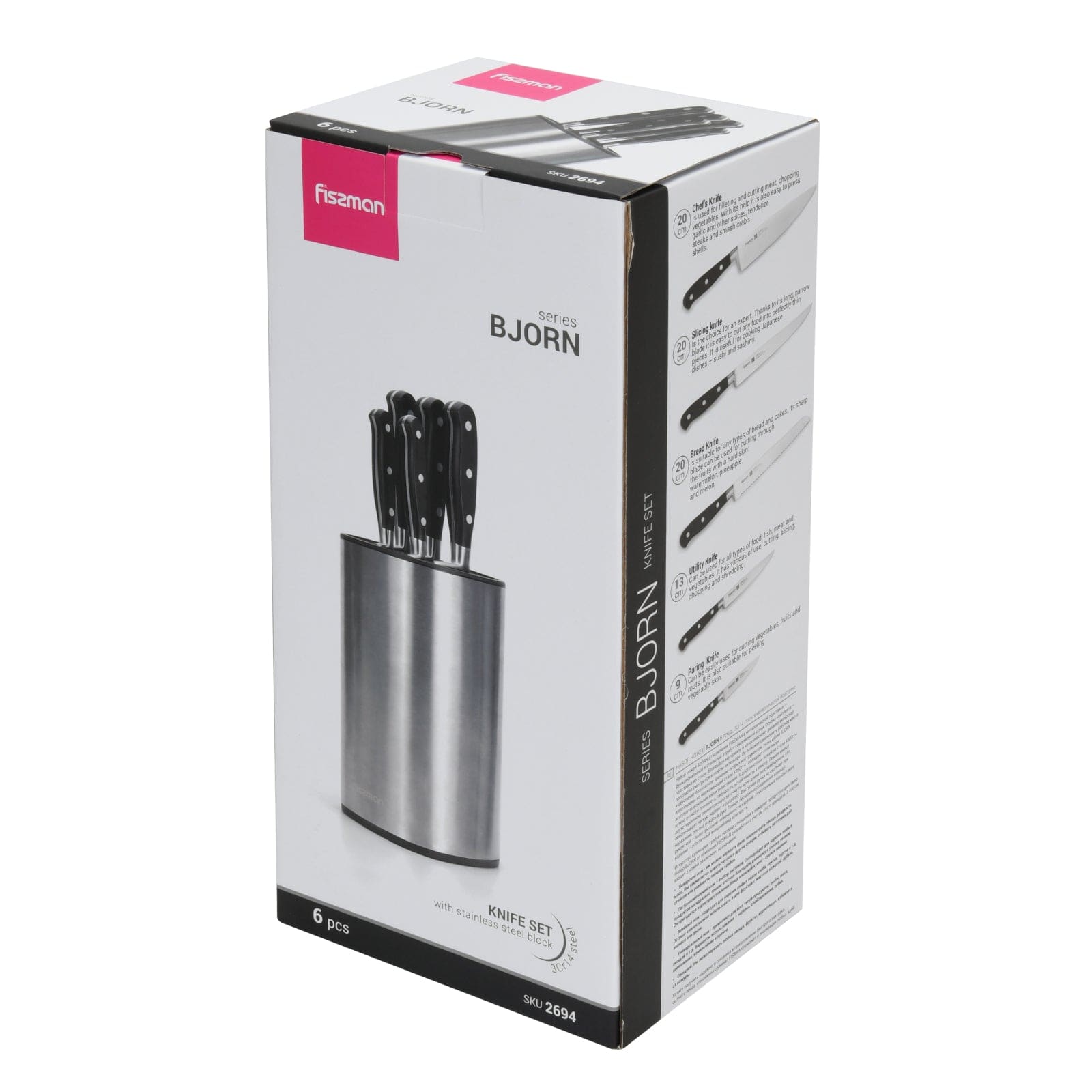 طقم سكاكين فيسمان من 6 قطع مع كتلة من الفولاذ المقاوم للصدأ 3cr14 من سلسلة BJORN، فضي/أسود، 35 سم