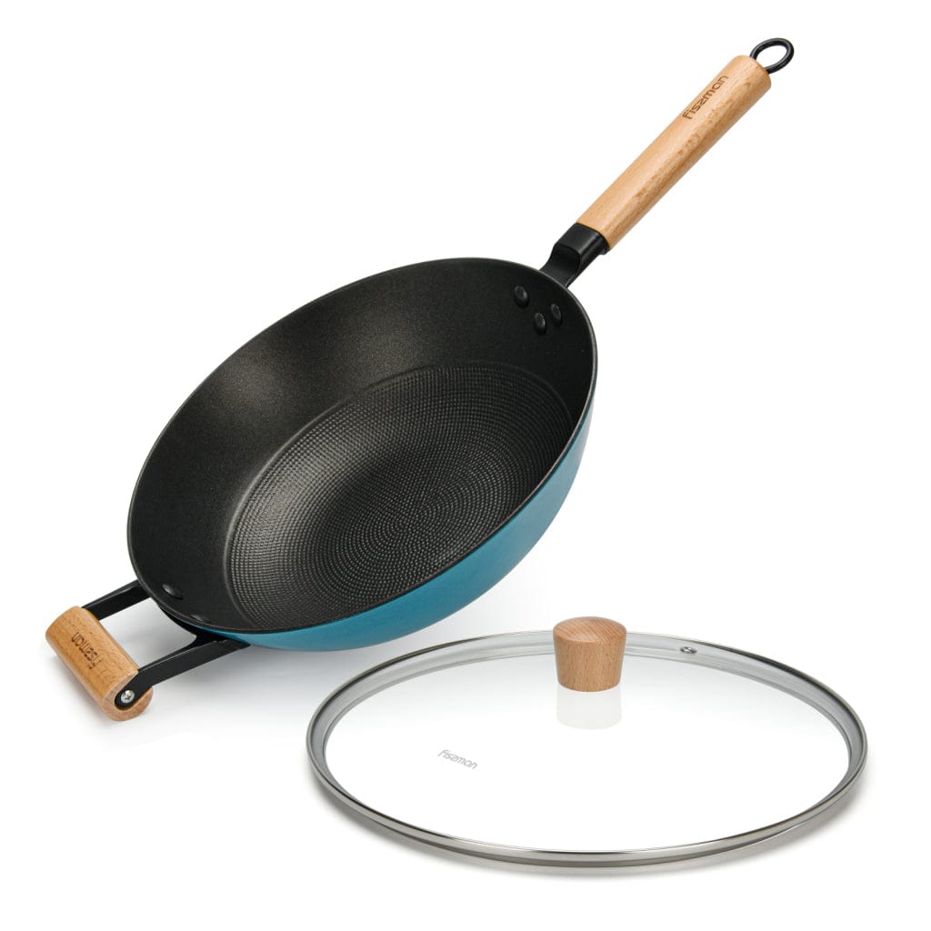 Fissman Wok Pan With Handle And Glass Lid 30x8.4cm/4LTR Black/Beige/Blue