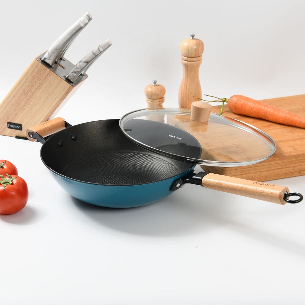 مقلاة ووك فيسمان بمقبض وغطاء زجاجي 30×8.4 سم/4 لتر، أسود/بيج/أزرق