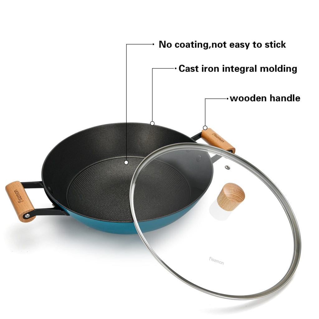 مقلاة ووك فيسمان بمقبض وغطاء زجاجي، 32×9.2 سم/5 لتر، أسود/شفاف