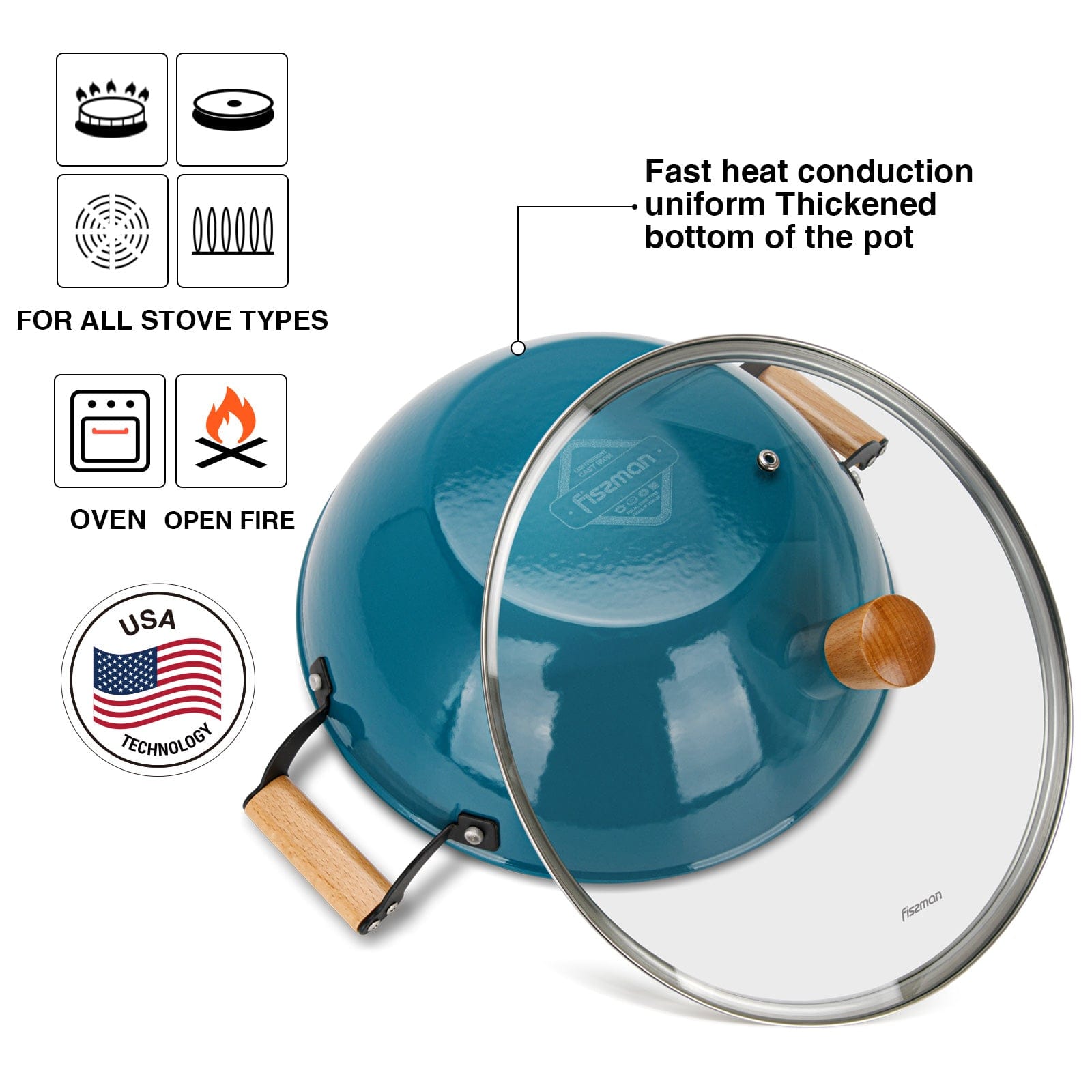 مقلاة ووك فيسمان سيجرين سيريز ٣٢×١٠.٥ سم/٥ لتر مع غطاء زجاجي (مصنوعة من حديد الزهر خفيف الوزن ومطلية بالمينا مع طبقة غير لاصقة)