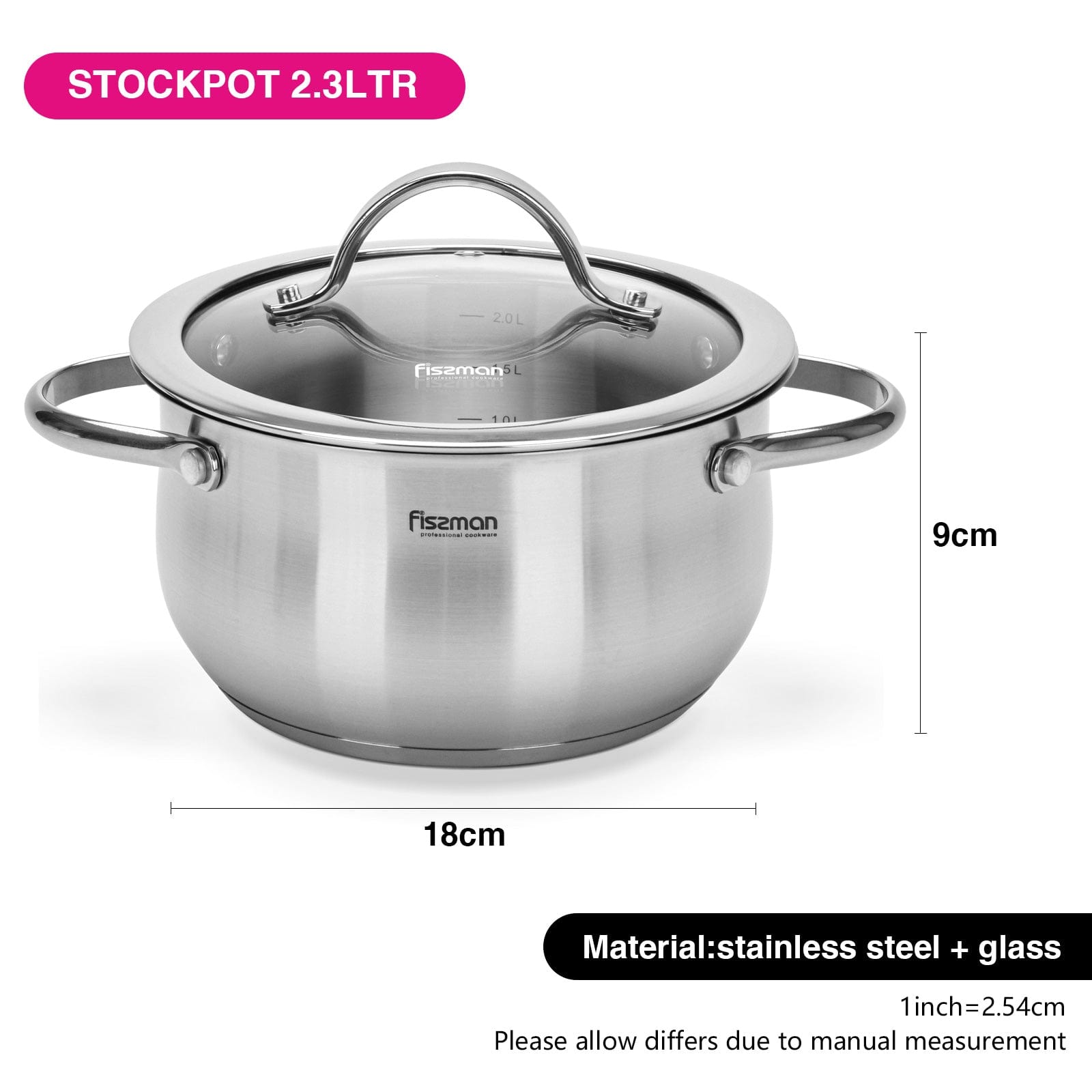 Fissman Stockpot Valery Series 18/10 Inox304 Stainless Steel With Clear Glass Lid 9x18cm/2.3LTR