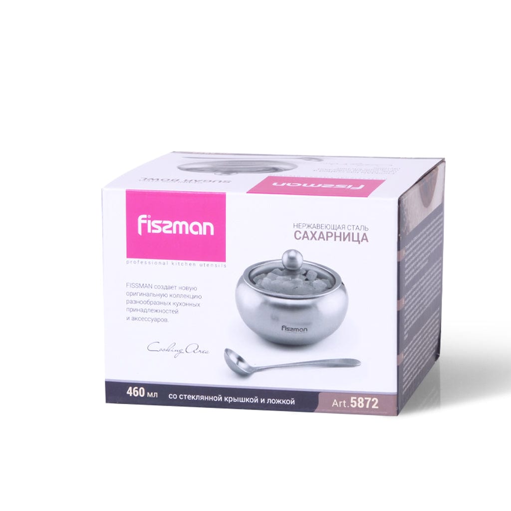 Fissman Stainless Steel Sugar Bowl With Glass Lid With Spoon Silver 460ml