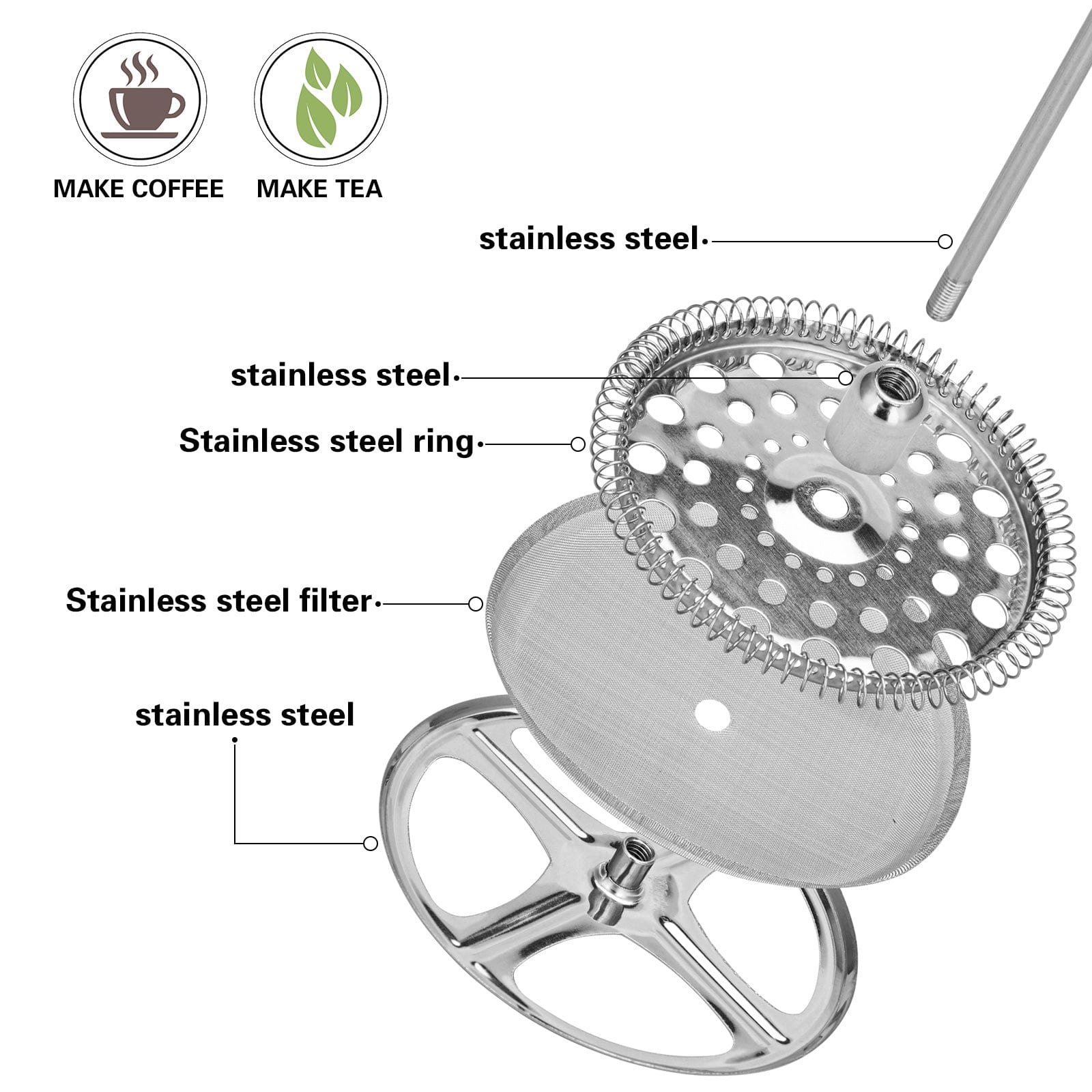 ماكينة تحضير القهوة الفرنسية من فيسمان، مصنوعة من زجاج البورسليكات، سلسلة بيسيرين، فضية/شفافة، سعة 600 مل