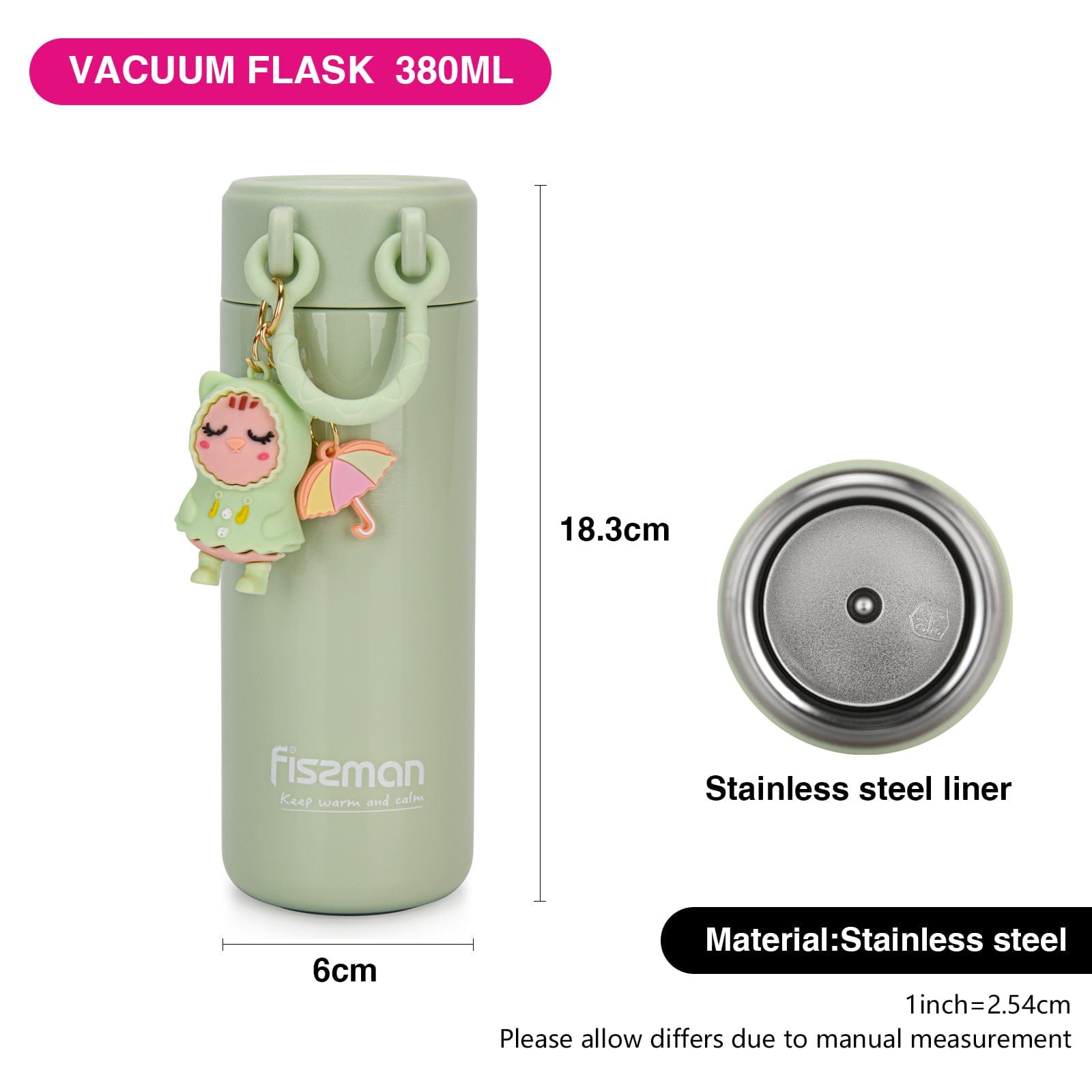 قارورة فيسمان مزدوجة الجدار مفرغة من الهواء، سعة 380 مل، لون أخضر (فولاذ مقاوم للصدأ)