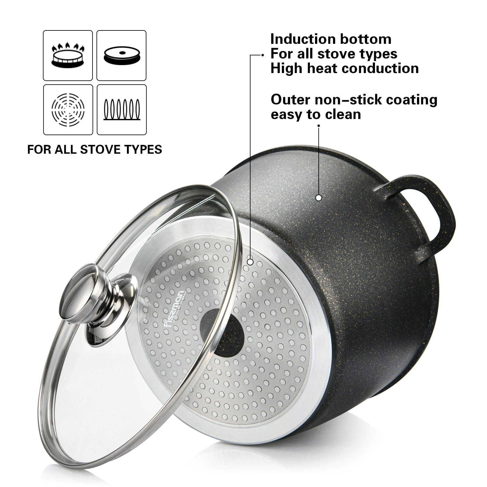 قدر فيسمان مع غطاء زجاجي من سلسلة إيما من الألومنيوم مع طلاء غير لاصق وقاعدة حثية 24 × 17 سم / 6.3 لتر