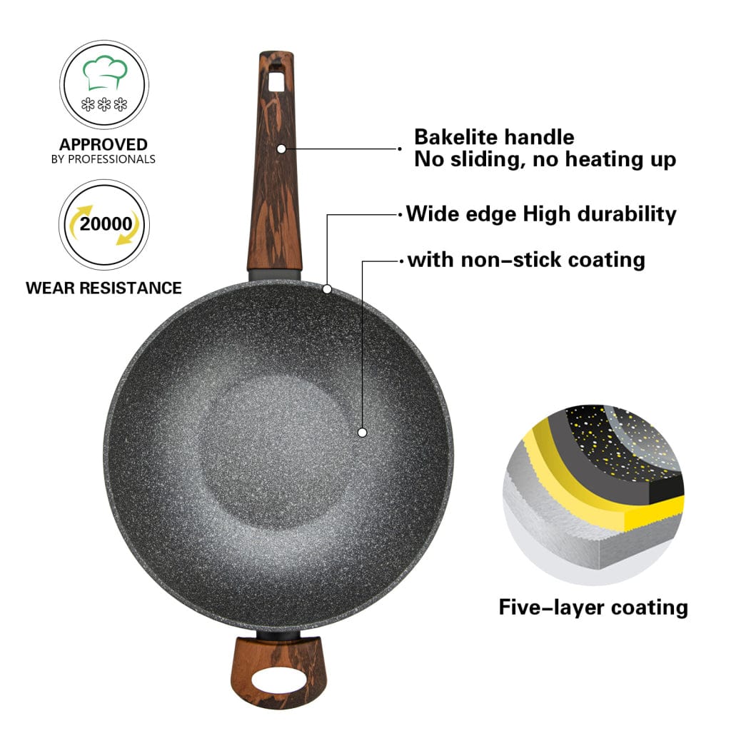 مقلاة ووك فيسمان مع غطاء زجاجي من سلسلة كابيلا، 28×8.5 سم/3.5 لتر، مصنوعة من الألومنيوم مع طلاء غير لاصق، كابيلا ومقبض لولبي مزدوج، لون أسود/بني