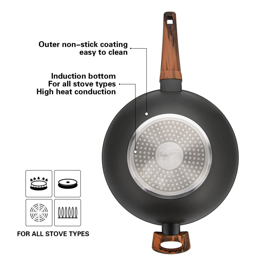 مقلاة ووك فيسمان مع غطاء زجاجي من سلسلة كابيلا، 28×8.5 سم/3.5 لتر، مصنوعة من الألومنيوم مع طلاء غير لاصق، كابيلا ومقبض لولبي مزدوج، لون أسود/بني