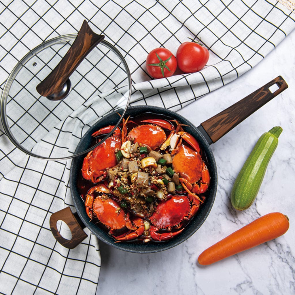 مقلاة ووك فيسمان مع غطاء زجاجي من سلسلة كابيلا، 28×8.5 سم/3.5 لتر، مصنوعة من الألومنيوم مع طلاء غير لاصق، كابيلا ومقبض لولبي مزدوج، لون أسود/بني