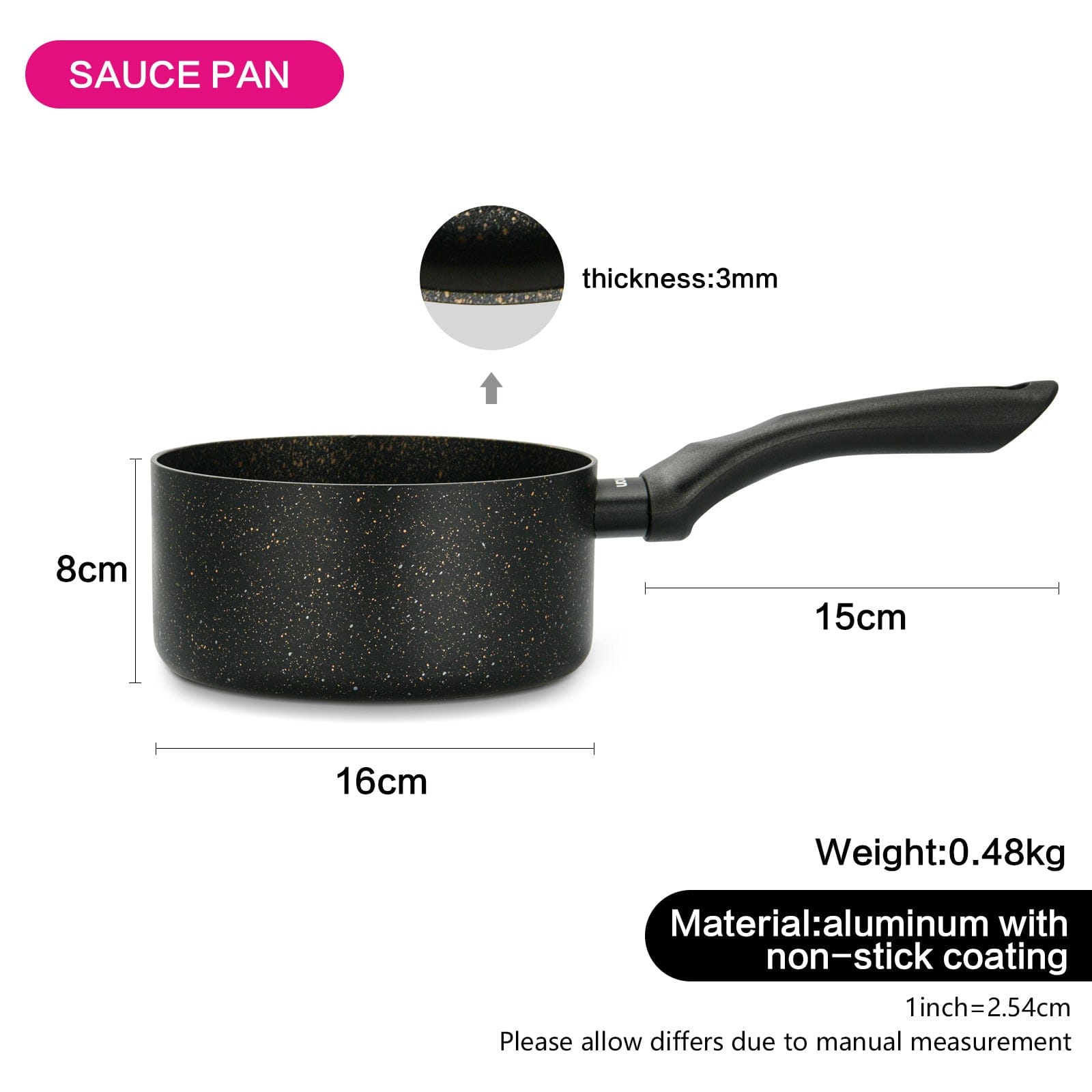 Fissman Saucepan Marble Designed Aluminium Non Stick With Bakelite Handle Black 16x8cm/1.5Liters