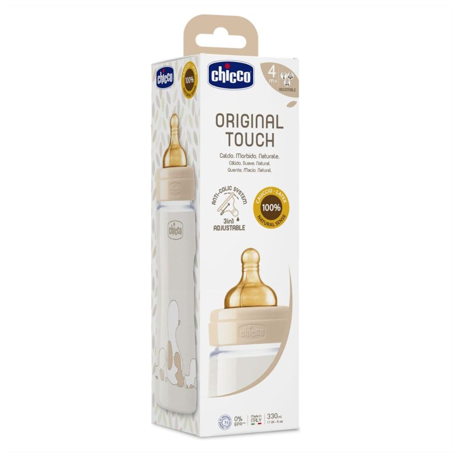 زجاجة رضاعة أصلية من تشيكو، سعة 330 مل، تدفق قابل للتعديل، من عمر 4 أشهر فما فوق، مصنوعة من مادة اللاتكس المحايدة