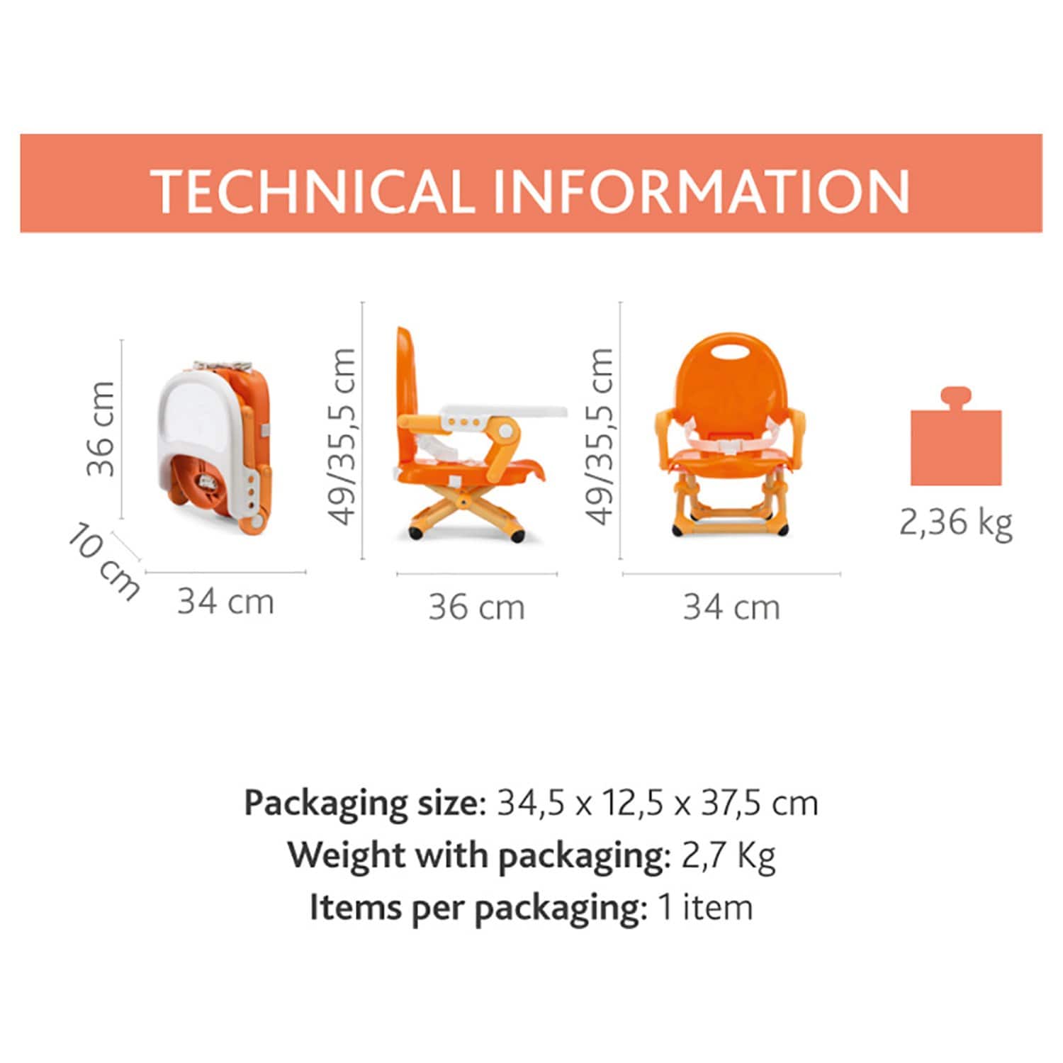 مقعد معزز للوجبات الخفيفة من تشيكو بوكيت، من عمر 6 أشهر إلى 3 سنوات، لون زعفراني