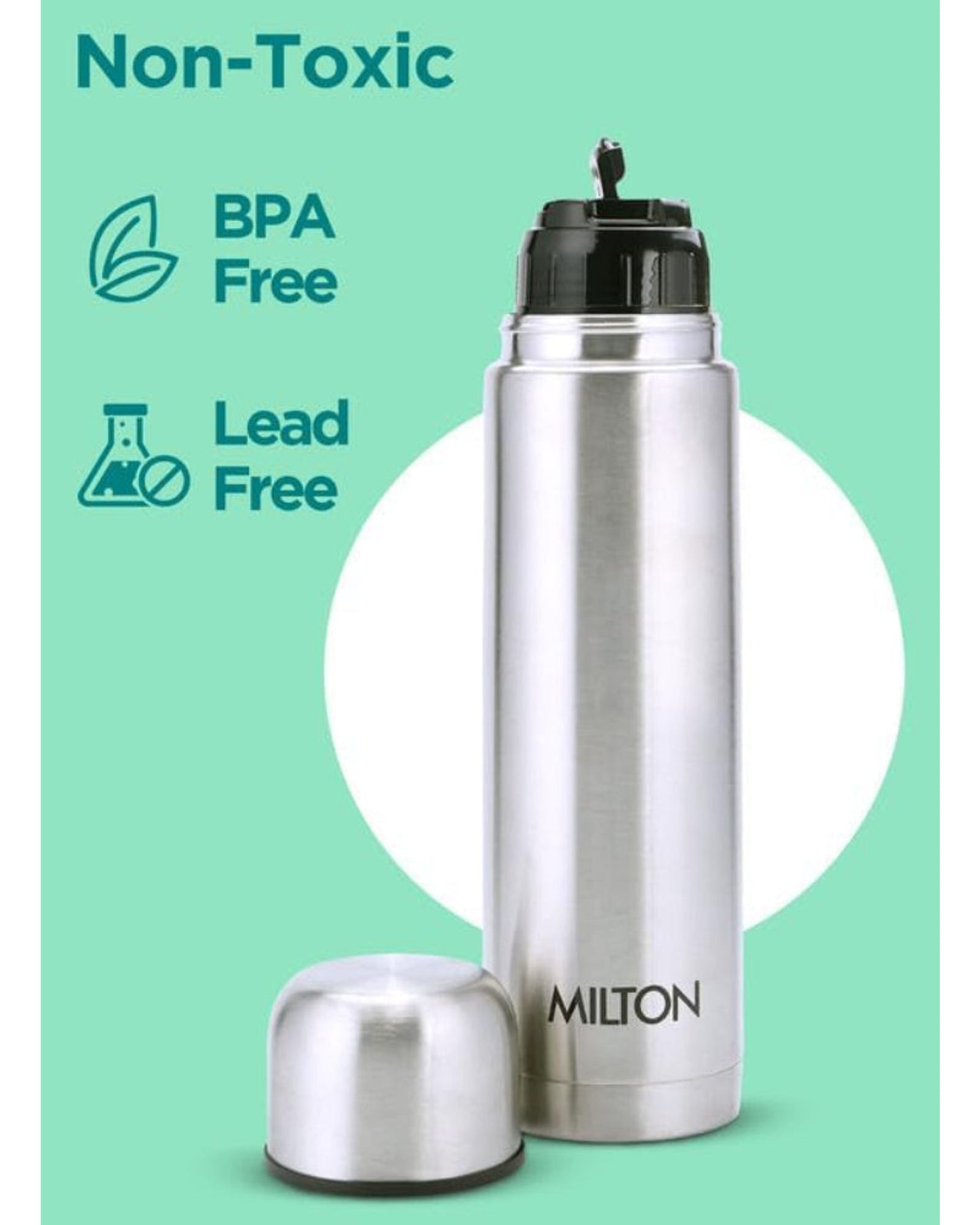 زجاجة مياه ميلتون ثيرموستيل 350 بغطاء قلاب، سعة 350 مل، تحافظ على الماء ساخنًا وباردًا لمدة 24 ساعة، غطاء مانع للتسرب مع غلاف، معتمدة من معهد المواصفات والمقاييس الهندي (ISI)، معزولة بتفريغ الهواء، مناسبة للمكاتب والصالات الرياضية والمدارس، لون فضي.