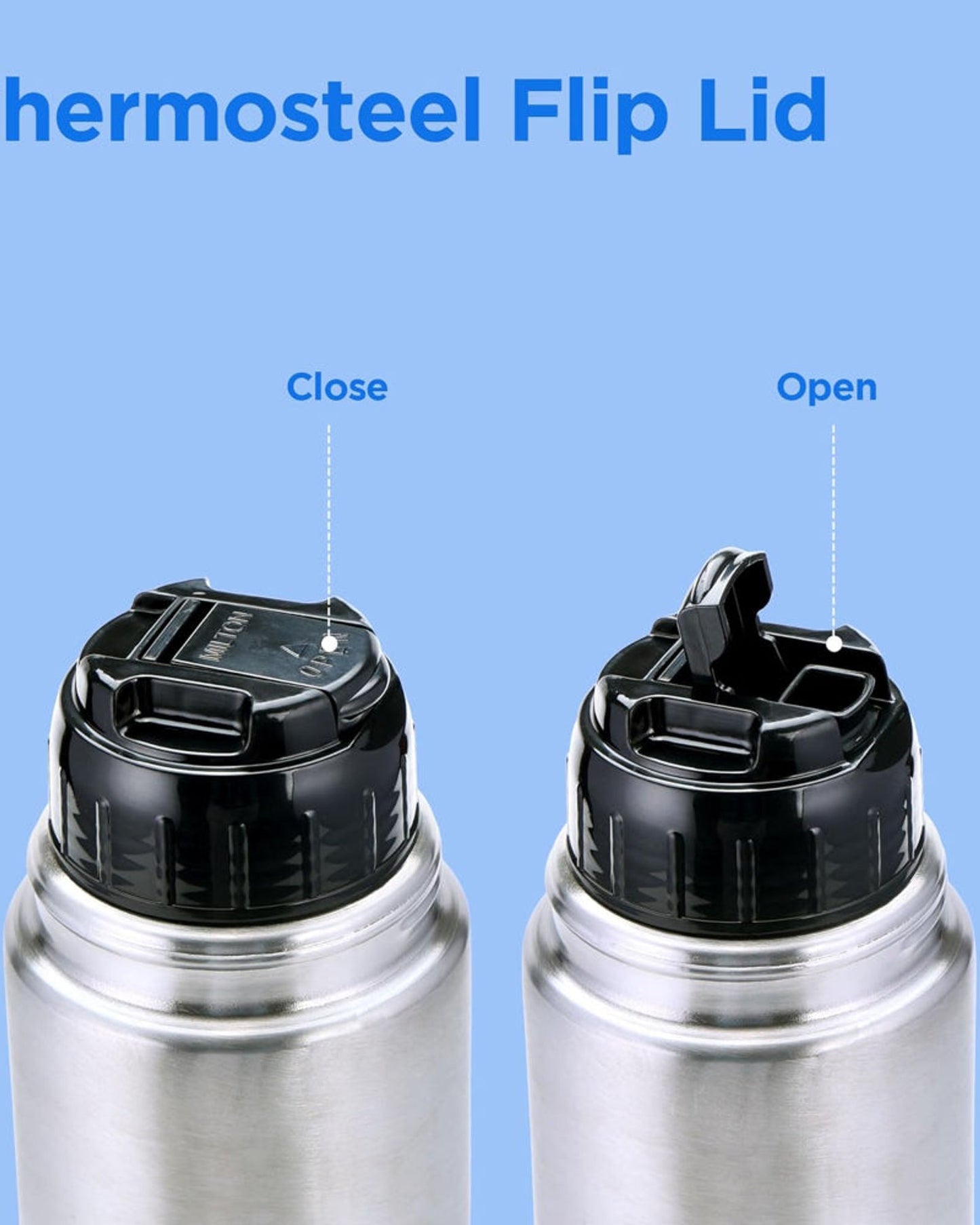 زجاجة مياه ميلتون ثيرموستيل 1000 مل بغطاء قلاب، تحافظ على الماء ساخنًا وباردًا لمدة 24 ساعة، غطاء مانع للتسرب مع غلاف، معتمدة من معهد المواصفات والمقاييس الهندي (ISI)، معزولة بتفريغ الهواء، مناسبة للمكاتب والصالات الرياضية والمدارس، لون فضي.