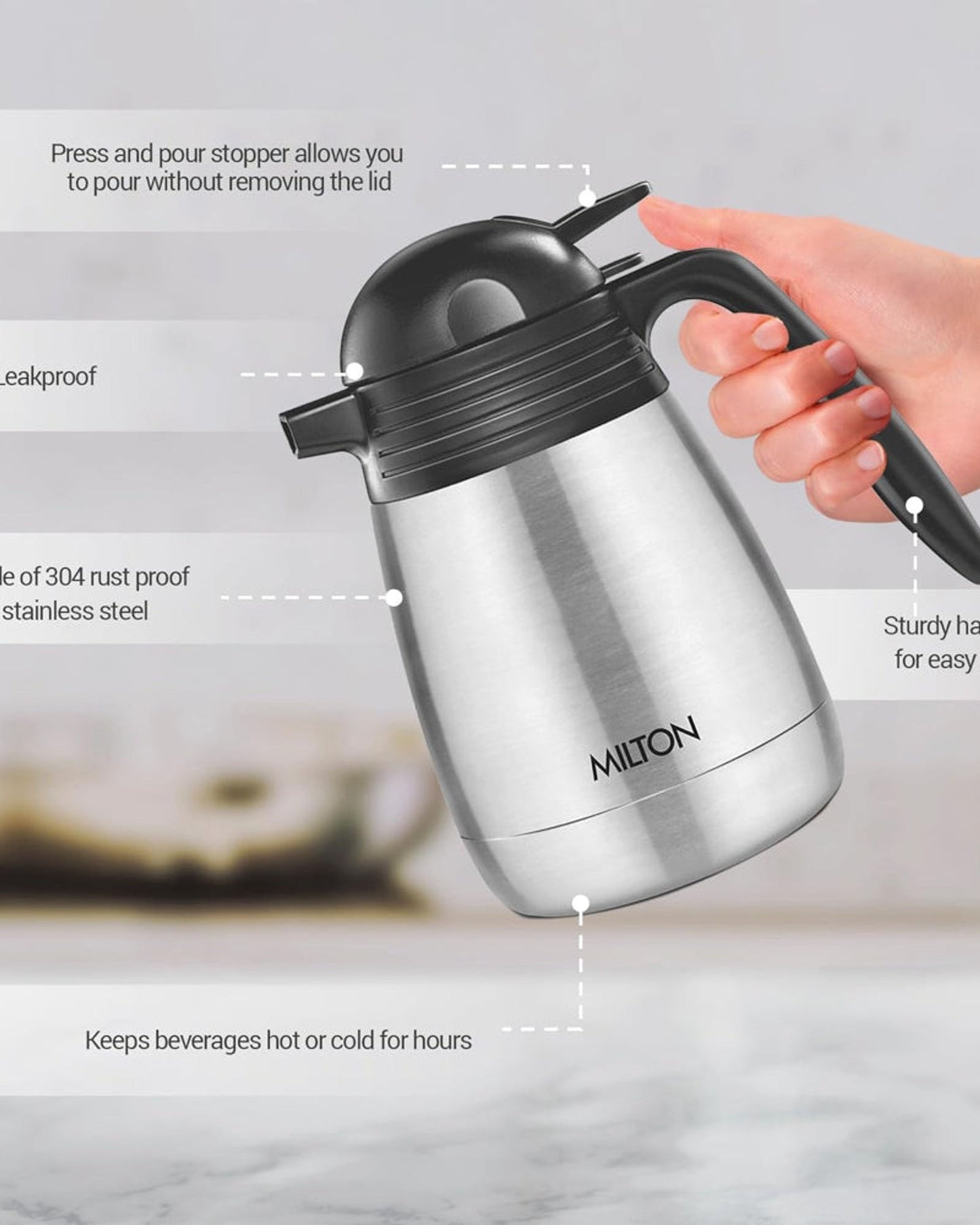 إبريق ميلتون ثيرموستيل، يحافظ على المشروبات ساخنة وباردة لمدة 24 ساعة، سعة 600 مل، فضي اللون | جدار مزدوج | مناسب للطعام | مناسب للشاي والقهوة، يحافظ على الحرارة والبرودة، مانع للتسرب، مقاوم للصدأ، سهل الحمل