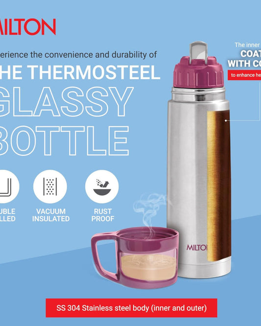 زجاجة ميلتون غلاسي 1000 المصنوعة من الفولاذ الحراري - 1 لتر، بنفسجي | عزل حراري لمدة 24 ساعة للمشروبات الساخنة والباردة | مانعة للتسرب | غطاء للشرب | مناسبة للمكتب، النادي الرياضي، المنزل، المطبخ، السفر، المشي لمسافات طويلة والرحلات