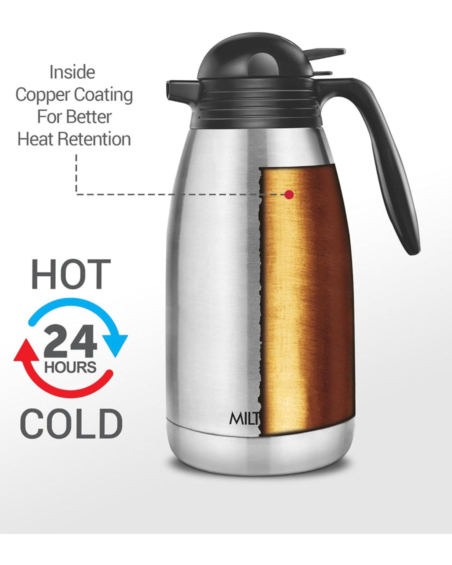 إبريق شاي/قهوة ميلتون سعة 2000 مل معزول بتفريغ الهواء، مزود بغطاء ضغط، يحافظ على المشروبات ساخنة أو باردة لمدة 24 ساعة، مصنوع من الفولاذ المقاوم للصدأ 18/8، قارورة مزدوجة الجدران مطلية بالنحاس من الداخل - كلاسيكي - فضي