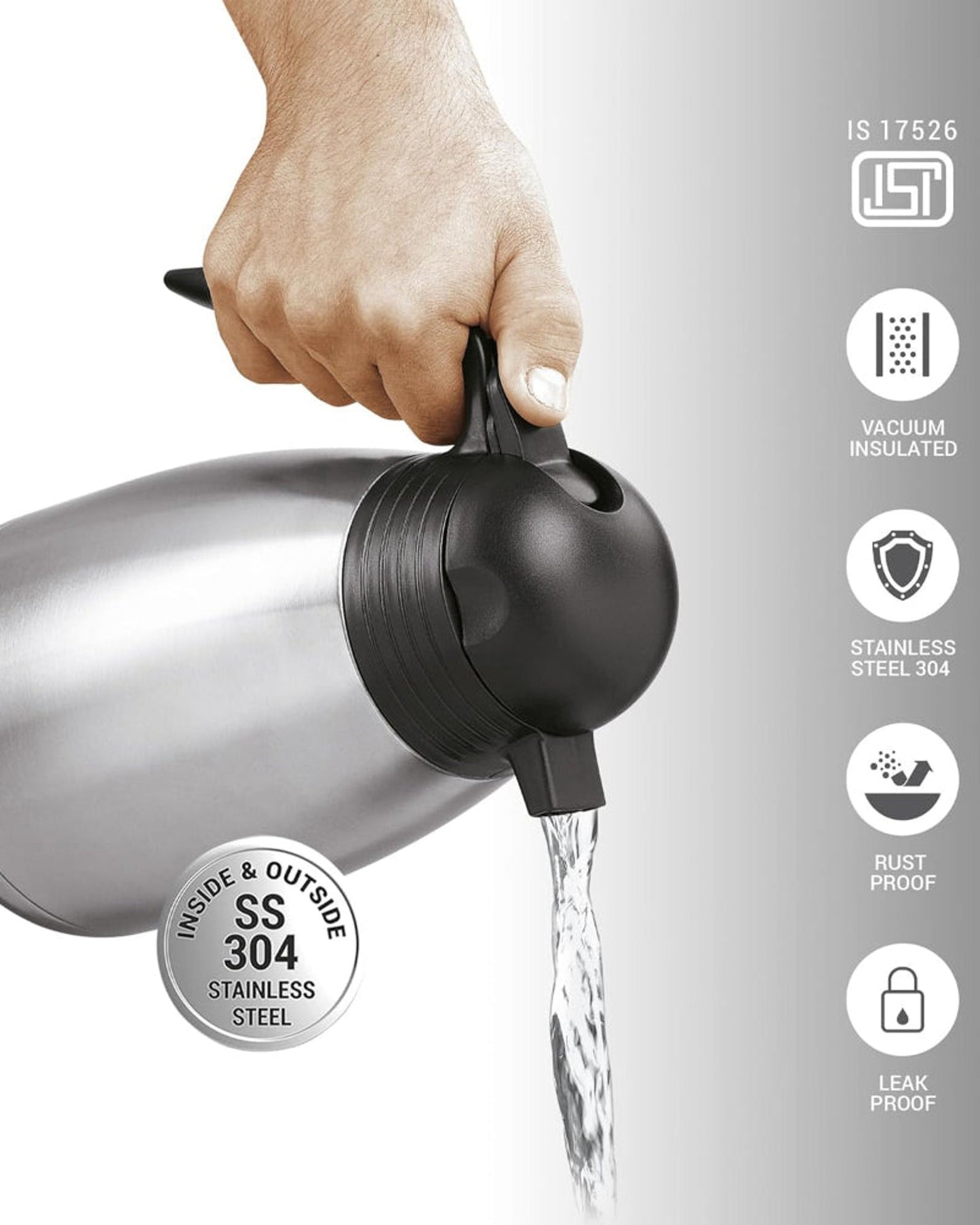 إبريق شاي/قهوة ميلتون سعة 2000 مل معزول بتفريغ الهواء، مزود بغطاء ضغط، يحافظ على المشروبات ساخنة أو باردة لمدة 24 ساعة، مصنوع من الفولاذ المقاوم للصدأ 18/8، قارورة مزدوجة الجدران مطلية بالنحاس من الداخل - كلاسيكي - فضي