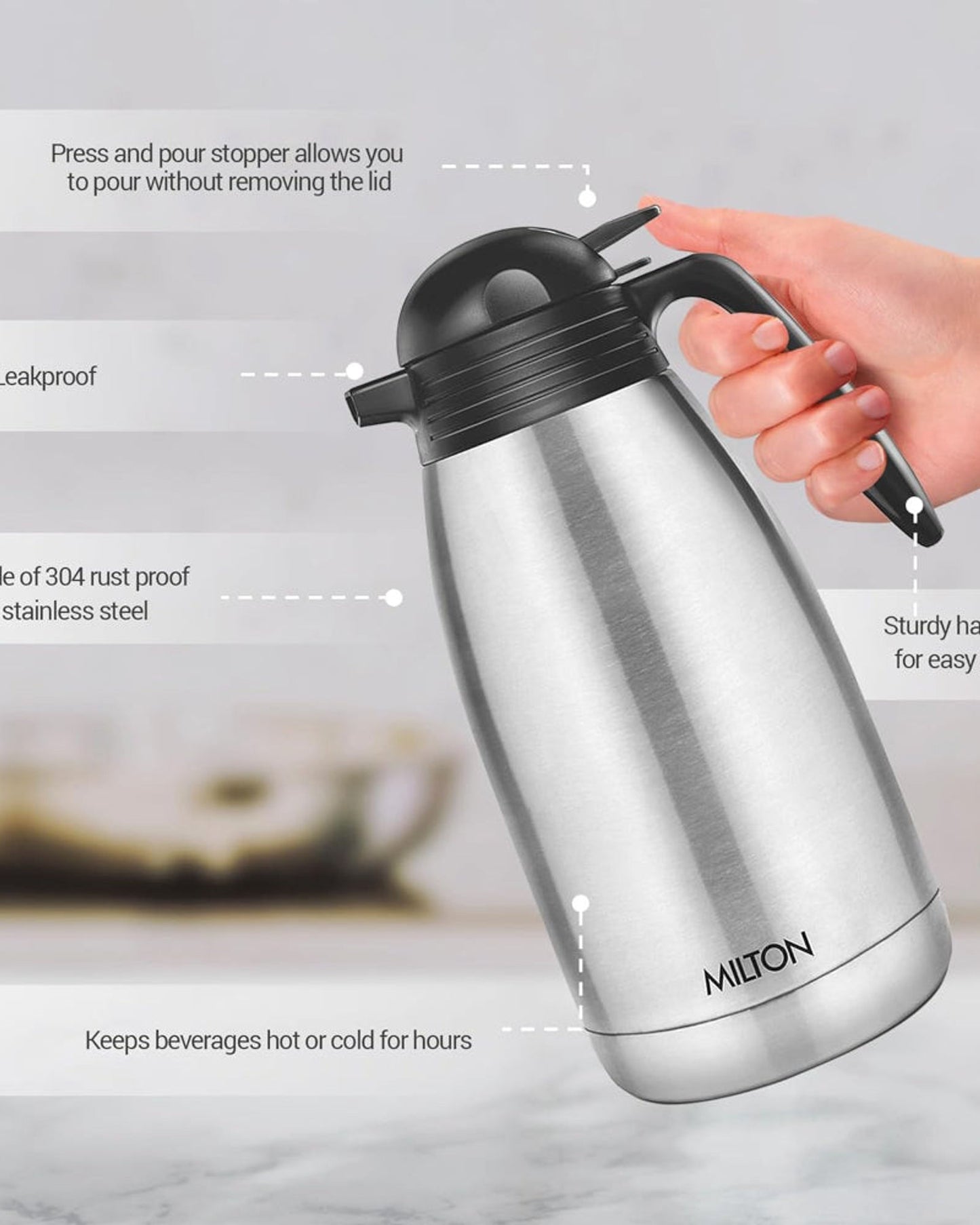 إبريق شاي/قهوة ميلتون سعة 2000 مل معزول بتفريغ الهواء، مزود بغطاء ضغط، يحافظ على المشروبات ساخنة أو باردة لمدة 24 ساعة، مصنوع من الفولاذ المقاوم للصدأ 18/8، قارورة مزدوجة الجدران مطلية بالنحاس من الداخل - كلاسيكي - فضي