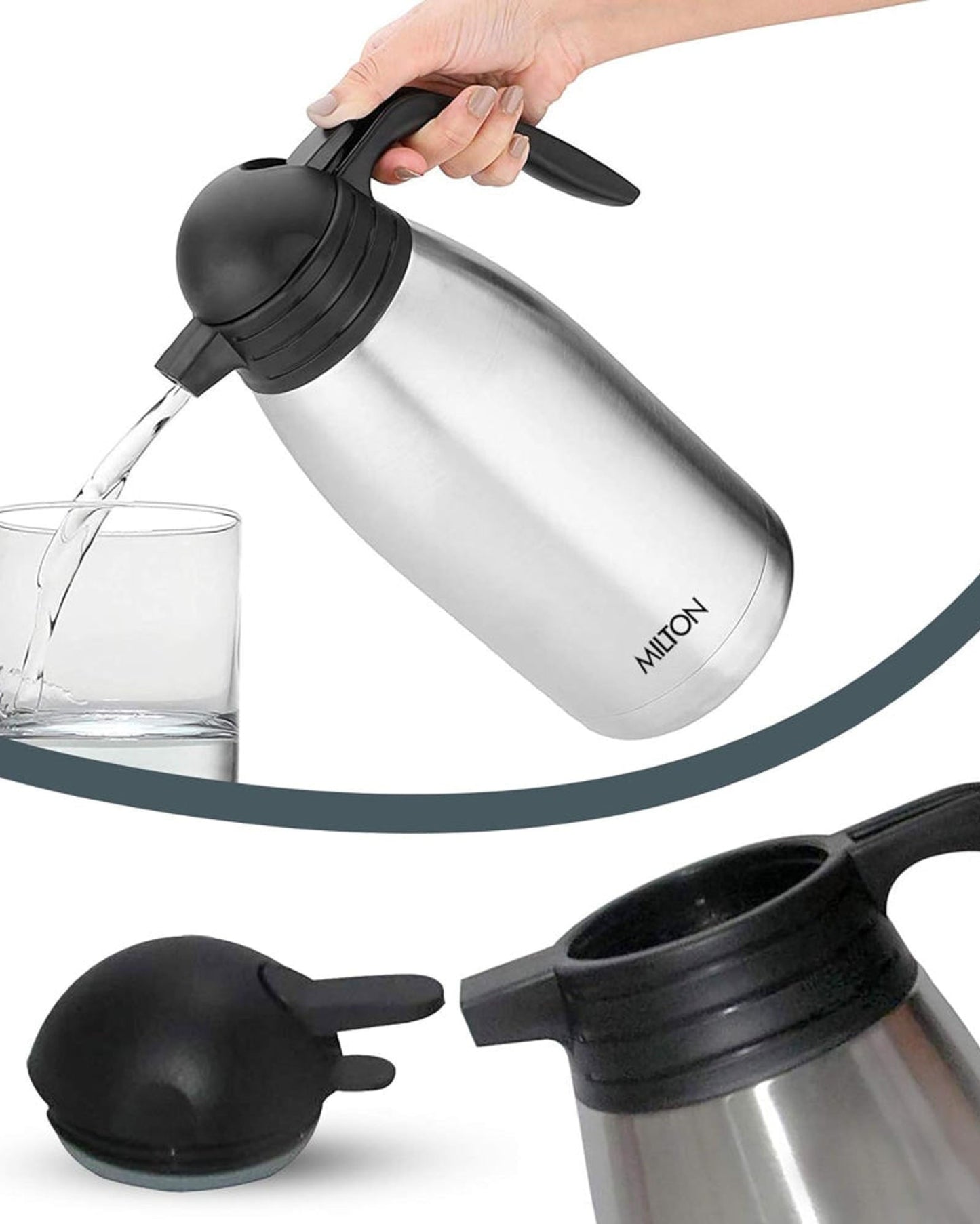 إبريق شاي/قهوة ميلتون سعة 2000 مل معزول بتفريغ الهواء، مزود بغطاء ضغط، يحافظ على المشروبات ساخنة أو باردة لمدة 24 ساعة، مصنوع من الفولاذ المقاوم للصدأ 18/8، قارورة مزدوجة الجدران مطلية بالنحاس من الداخل - كلاسيكي - فضي