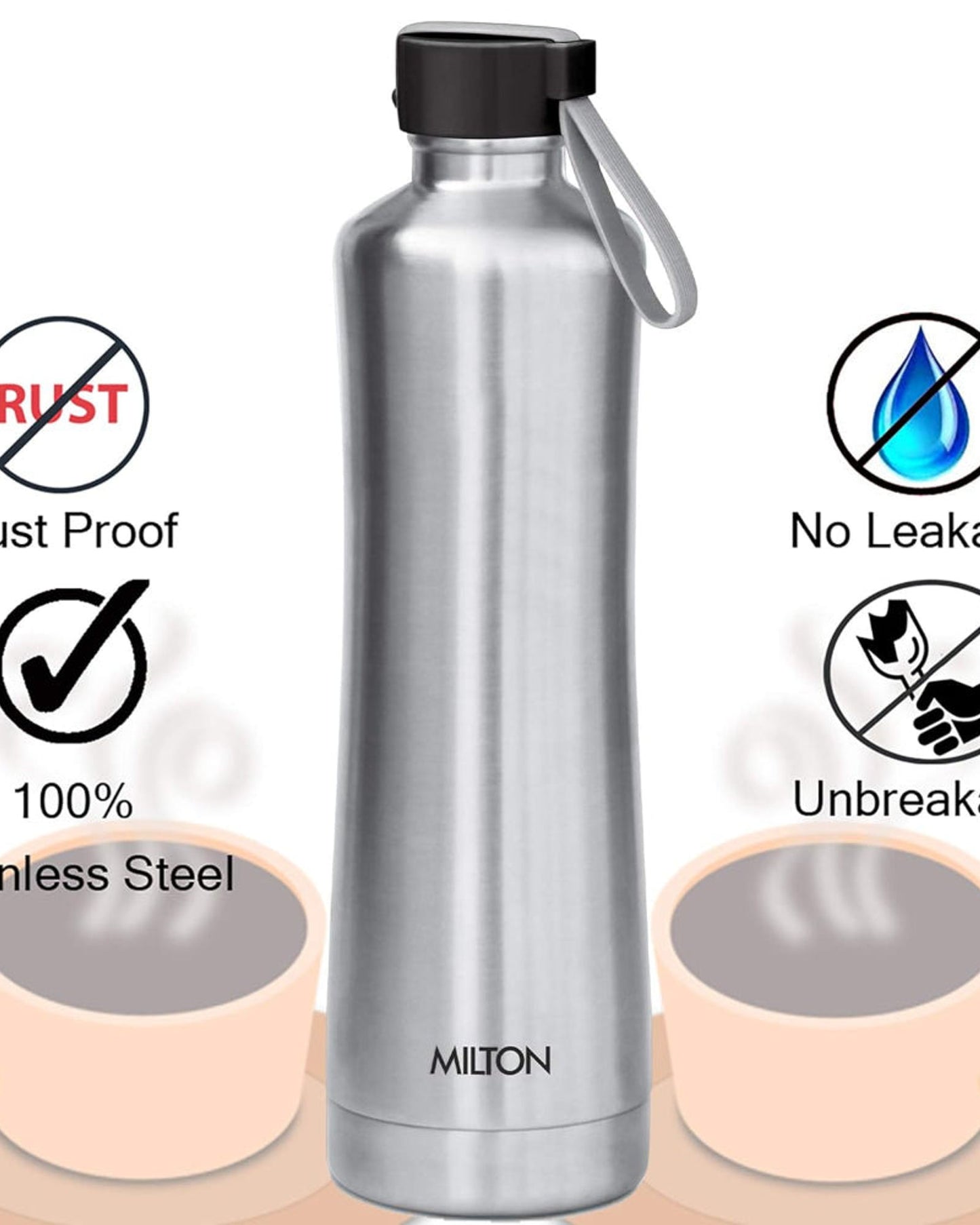 زجاجة ميلتون نيو تيارا 1100 المصنوعة من الفولاذ المقاوم للصدأ، تحافظ على الماء ساخنًا وباردًا لمدة 24 ساعة، سعة 900 مل، لون فضي