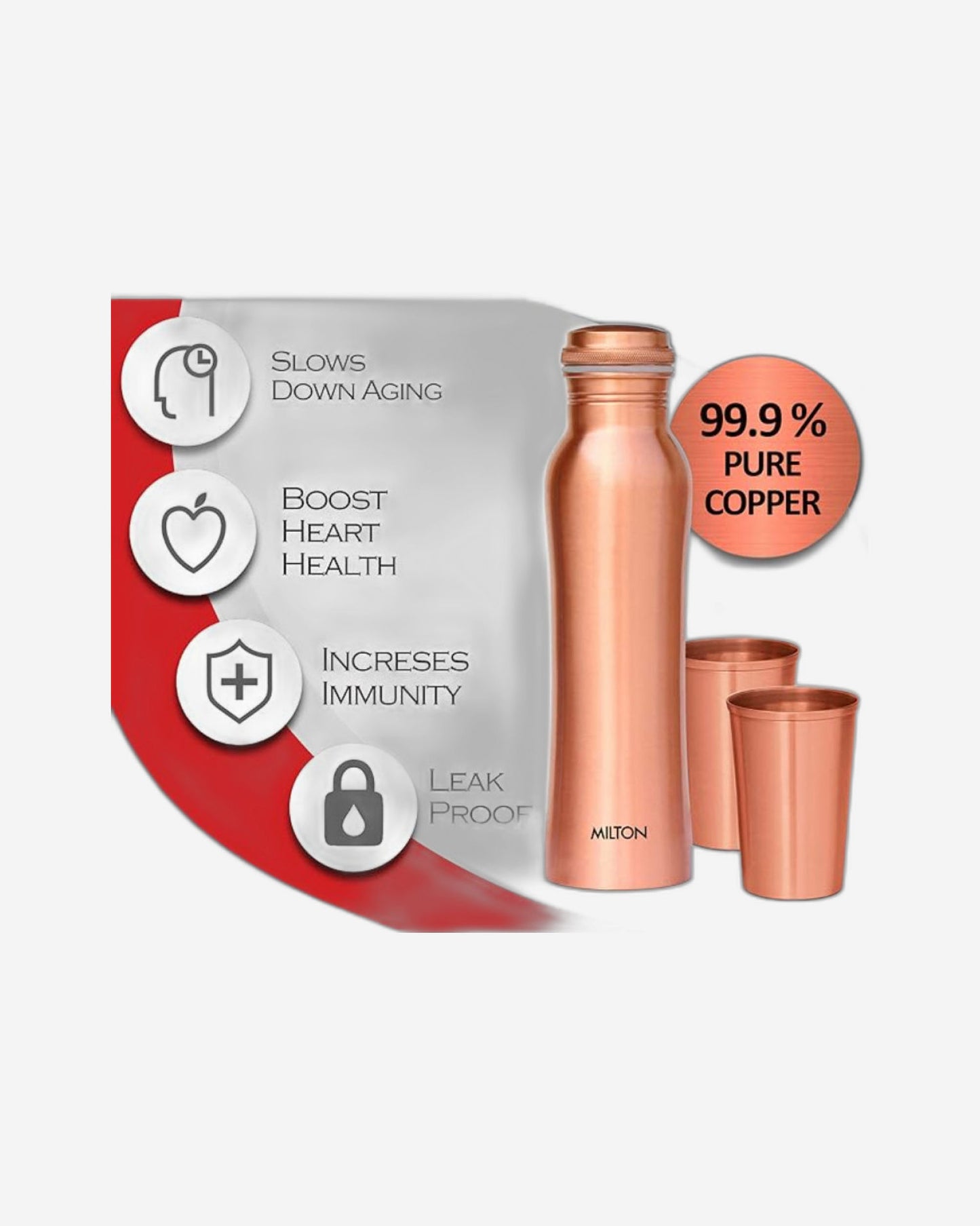 مجموعة هدايا ميلتون كوبرس: زجاجة واحدة سعة 950 مل مع كوبين، مصنوعة من النحاس النقي 100%، خالية من مادة BPA، مانعة للتسرب، زجاجة مكتبية، تعزز المناعة، تدعم صحة الجهاز الهضمي والكبد، مستوحاة من الطب الأيورفيدي.