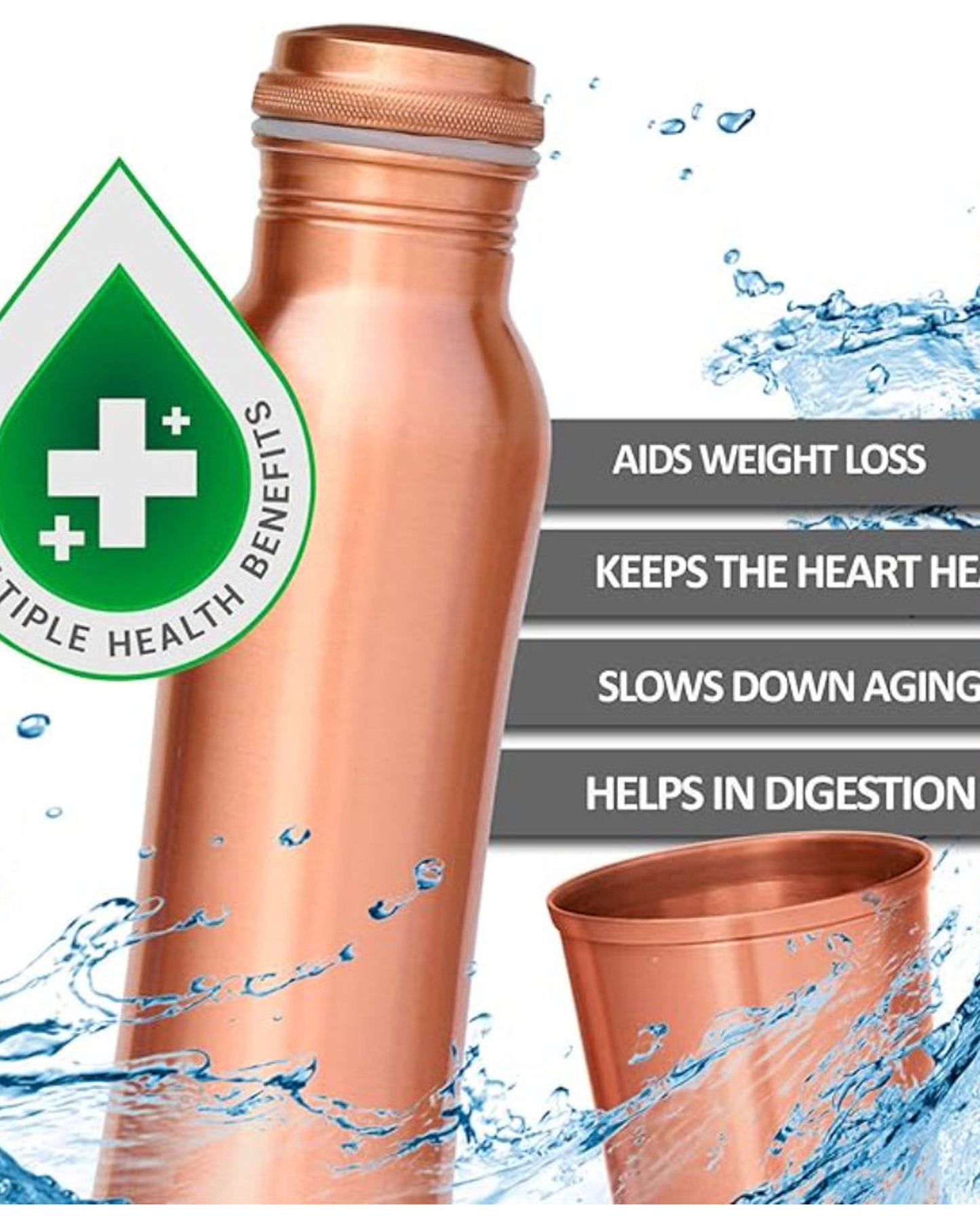 مجموعة هدايا ميلتون كوبرس: زجاجة واحدة سعة 950 مل مع كوبين، مصنوعة من النحاس النقي 100%، خالية من مادة BPA، مانعة للتسرب، زجاجة مكتبية، تعزز المناعة، تدعم صحة الجهاز الهضمي والكبد، مستوحاة من الطب الأيورفيدي.