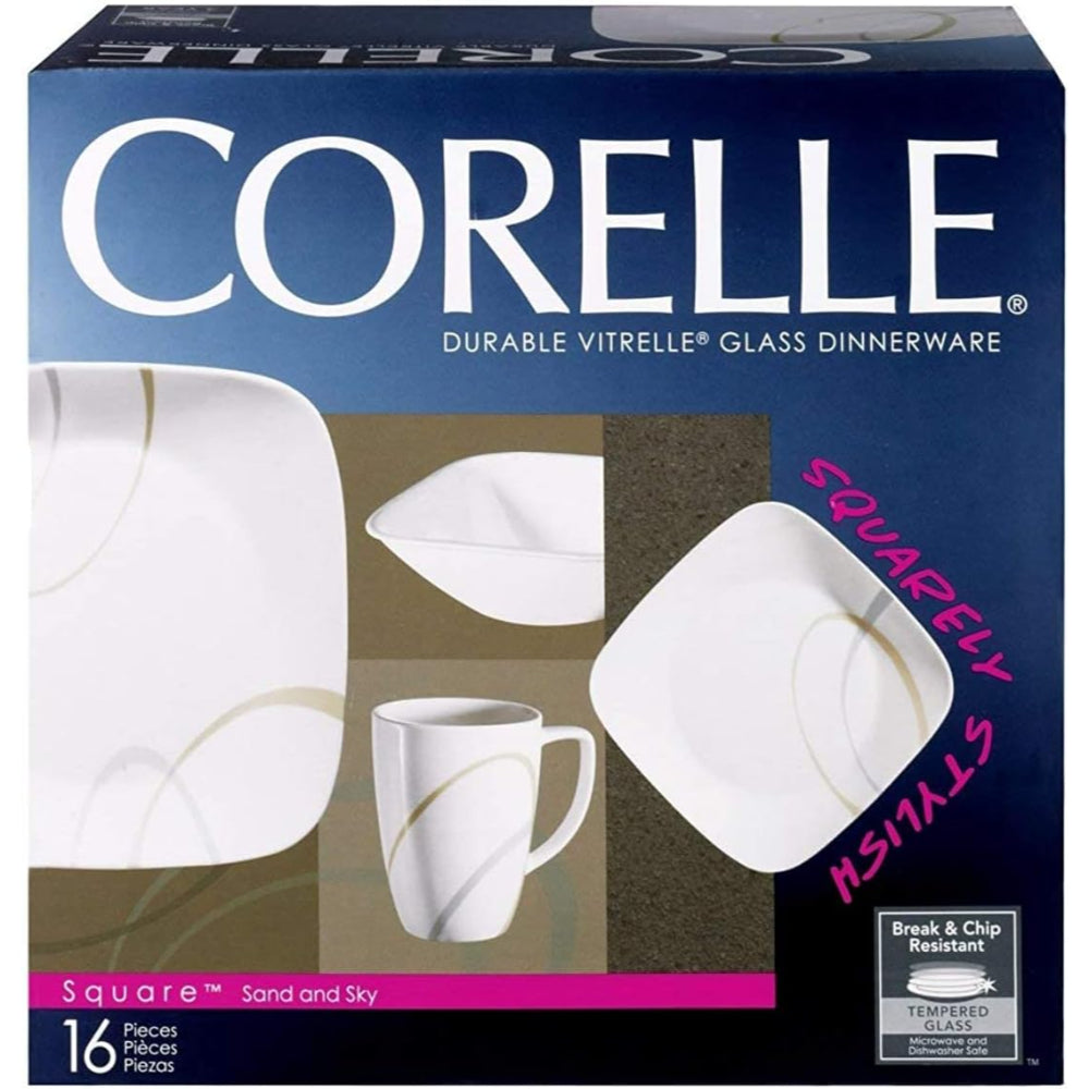طقم عشاء كوريل 16 قطعة مربعة الشكل، رمل وسماء مع كوب