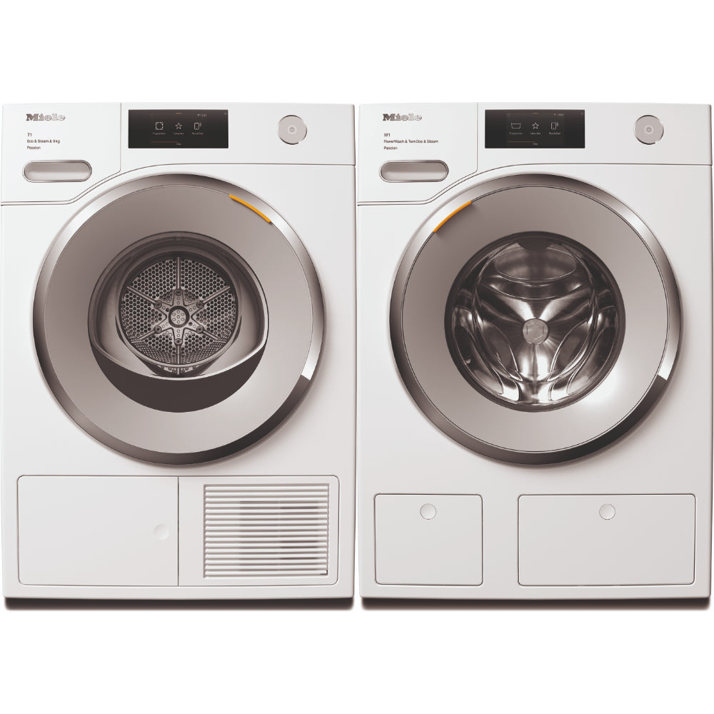 Miele Extra quiet washing machine WWV 980 WPS, 9 kg, 1600 rpm, automatic detergent dosing system, made in Germany and Miele TWV 780 WP Passion T1 heat-pump dryer