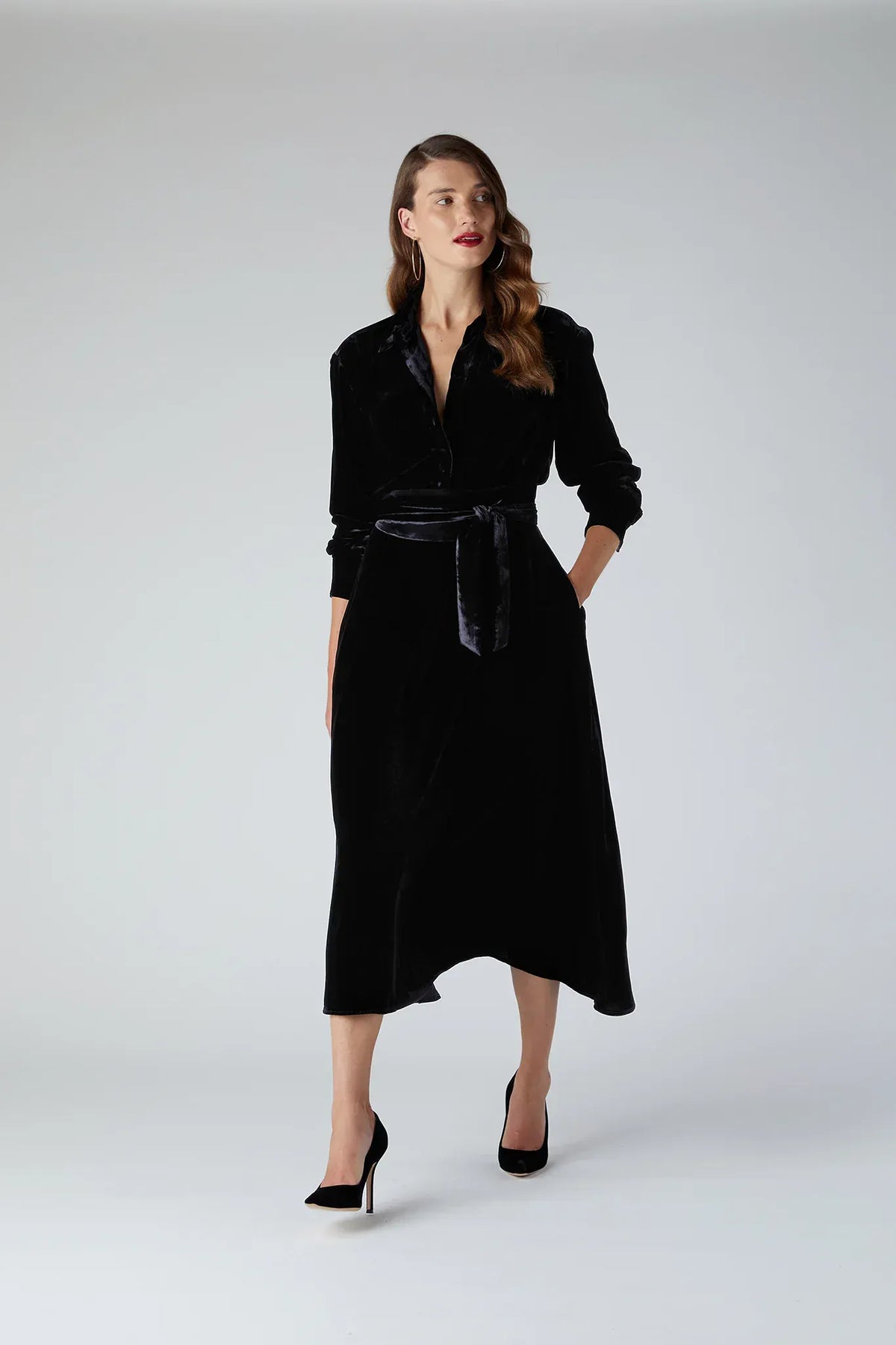 Eve Velvet Full Skirt Shirt Dress in Black