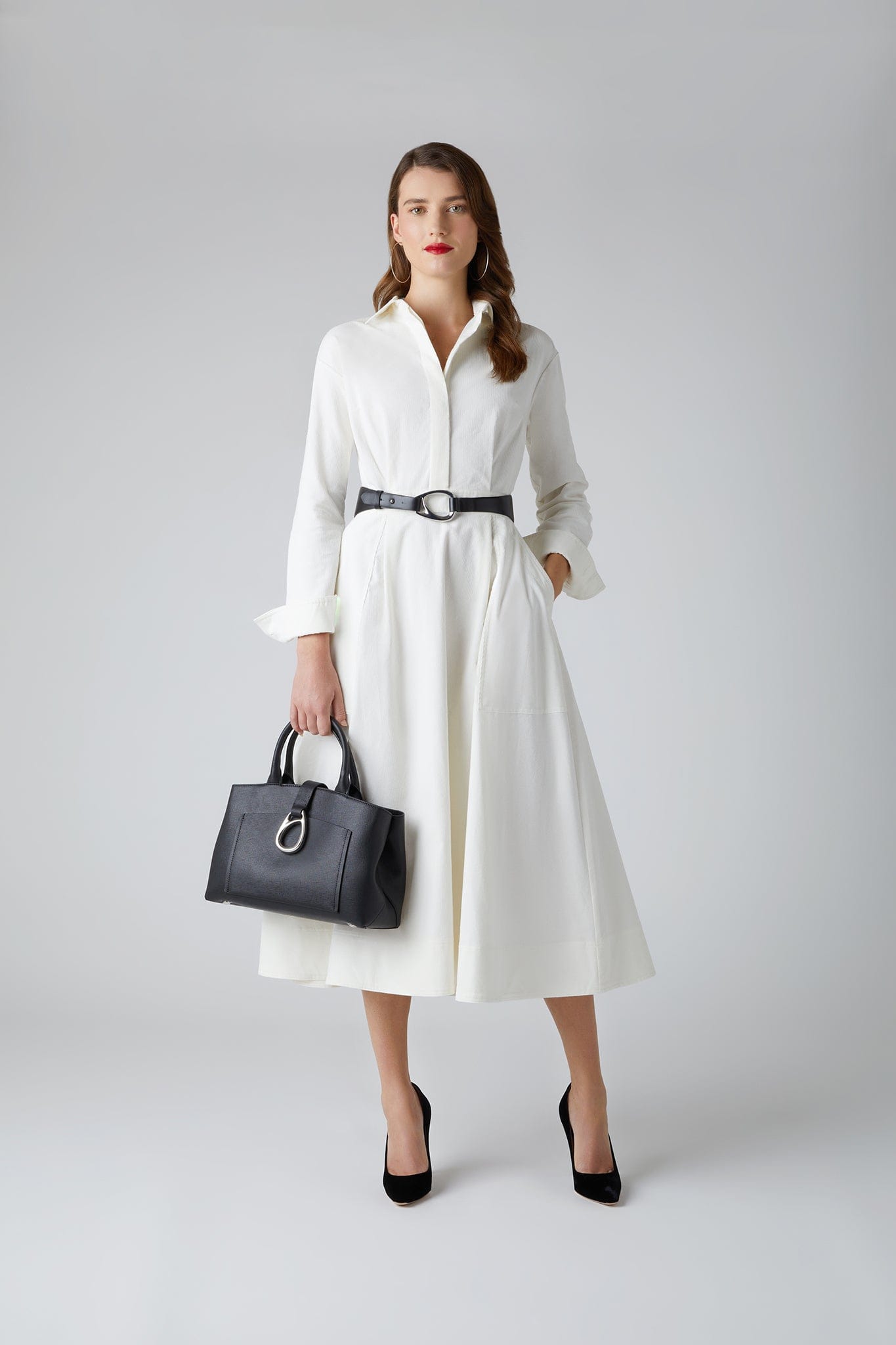 Esme Cord Full Skirt Shirt Dress Winter in White