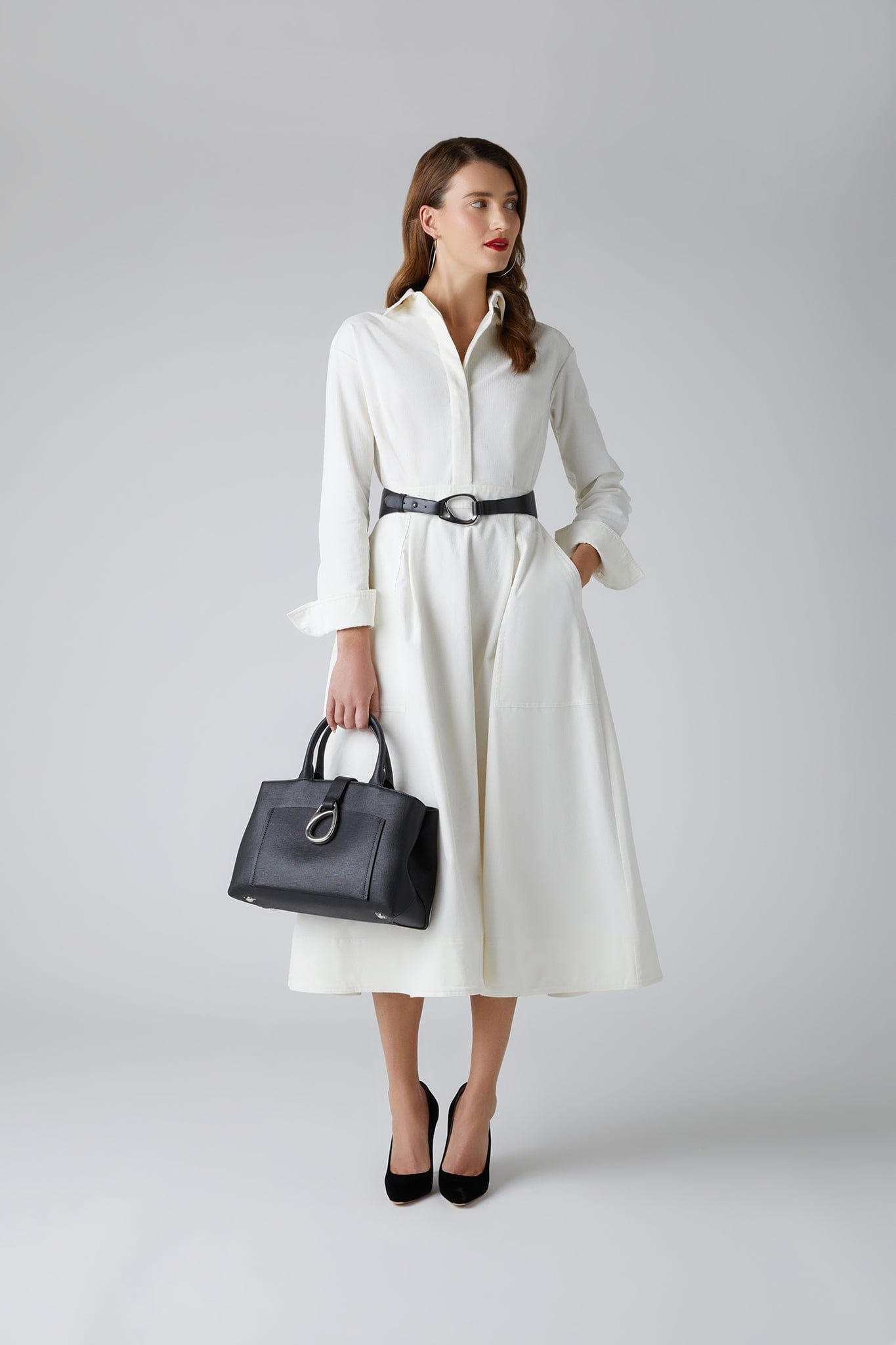 Esme Cord Full Skirt Shirt Dress Winter in White