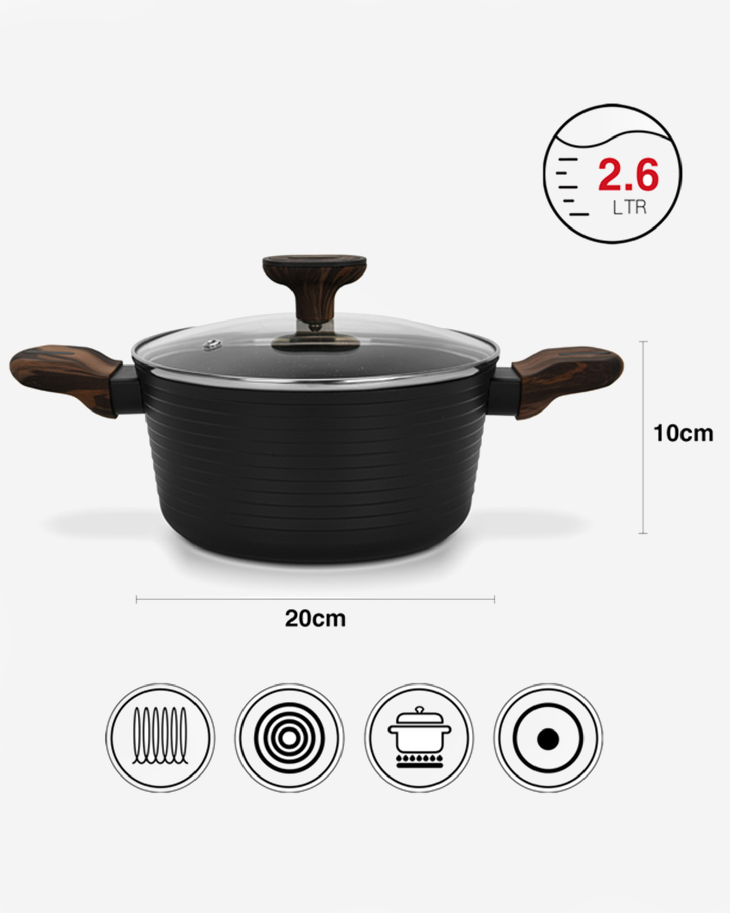Fissman Non Stick Aluminium Stockpot Cuisine 20×10cm / 2.6L with Glass Lid