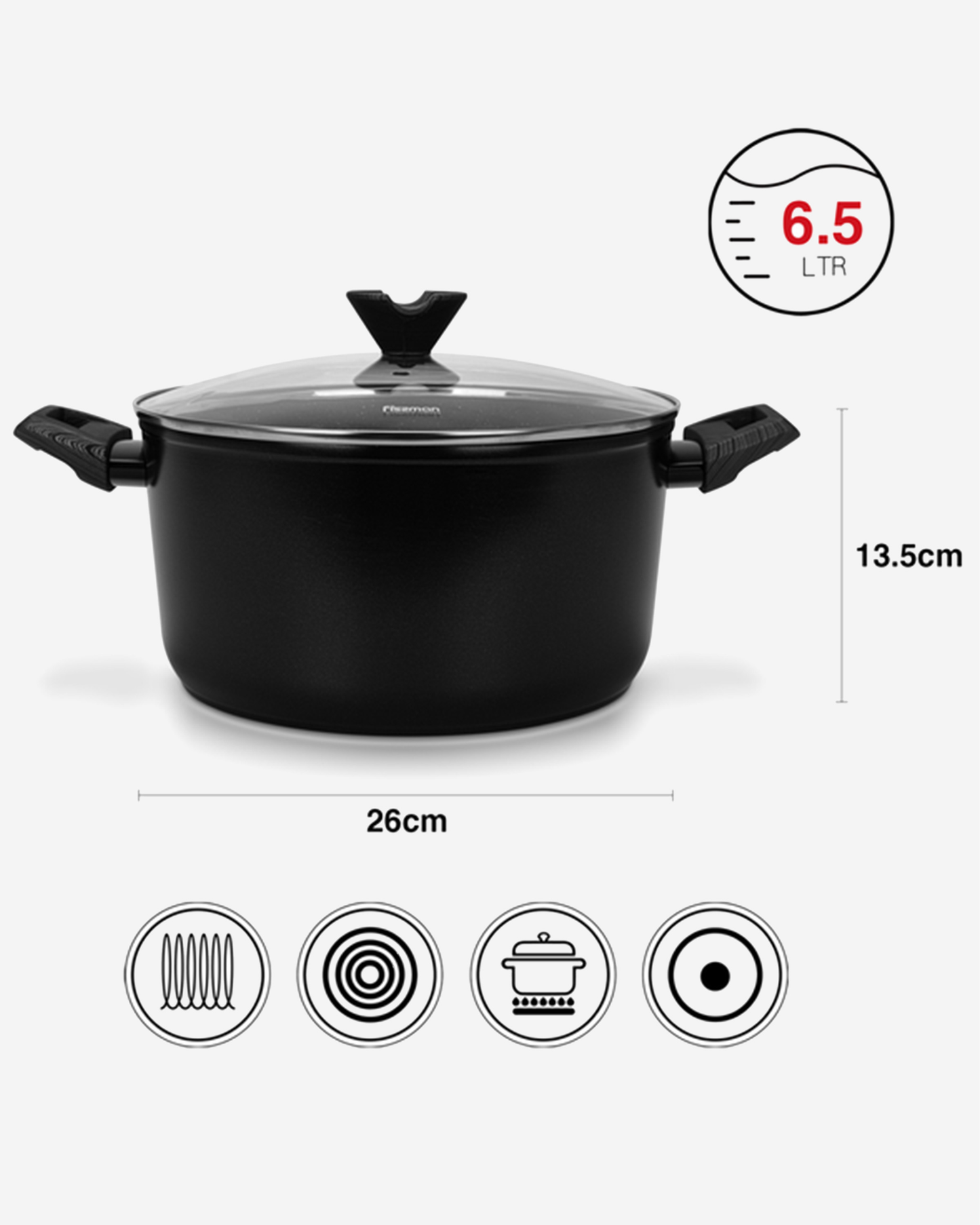 Fissman Non Stick Aluminium Stockpot Angela 26×13.5cm / 6.5L with Glass Lid