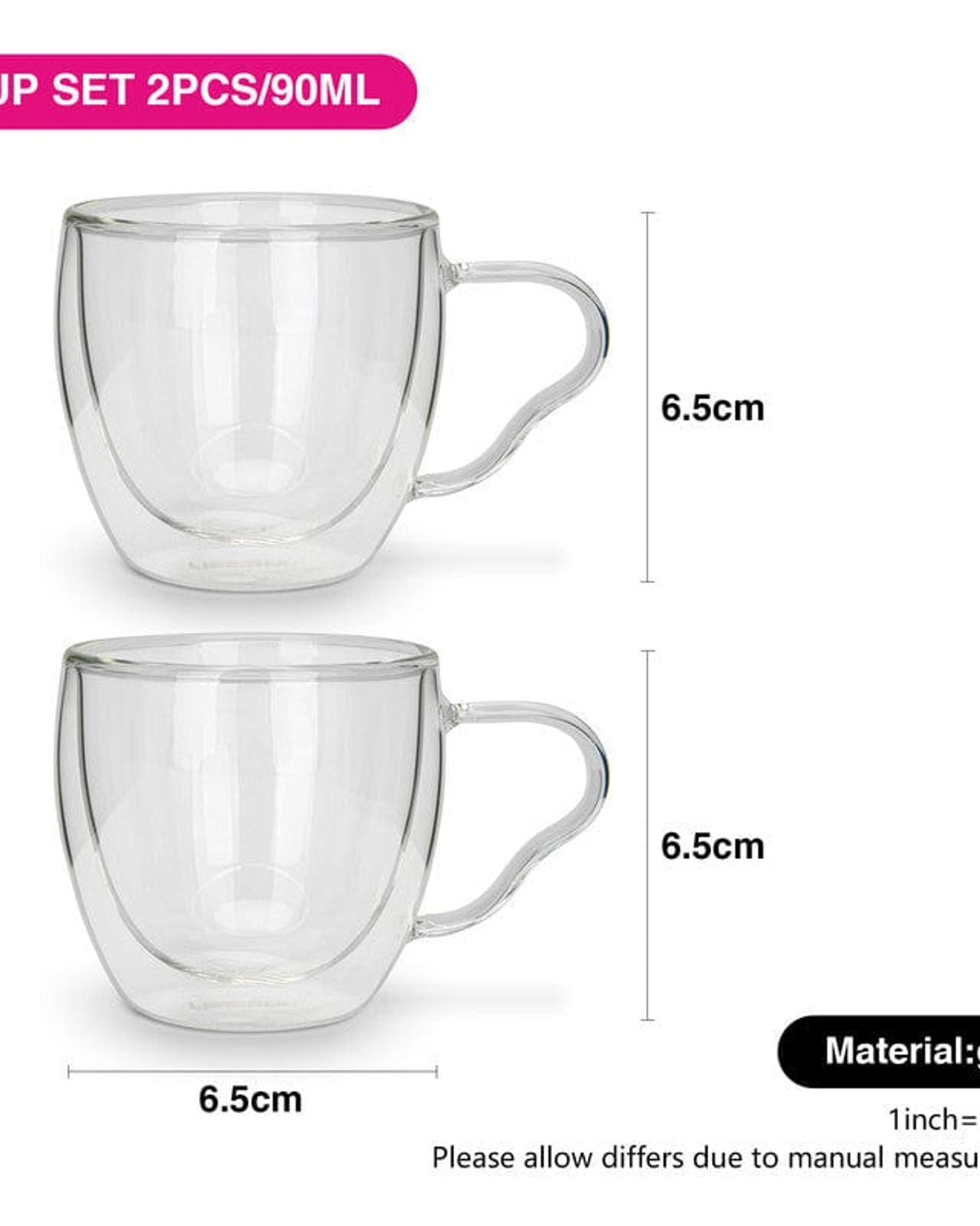 أكواب فيسمان مزدوجة الجدار من قطعتين، سعة 90 مل، مصنوعة من زجاج البورسليكات