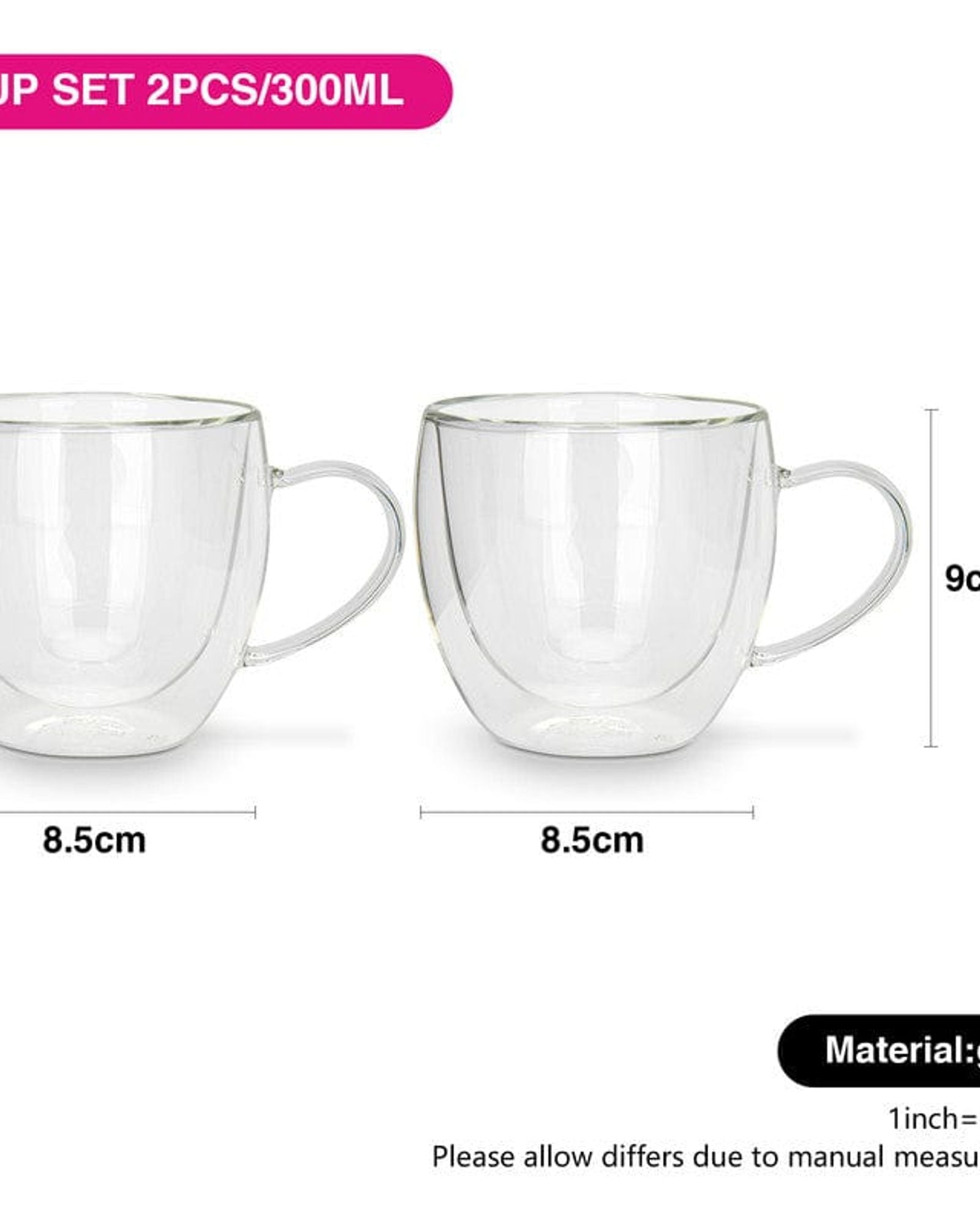 أكواب فيسمان مزدوجة الجدار من قطعتين، سعة 300 مل، مصنوعة من زجاج البورسليكات