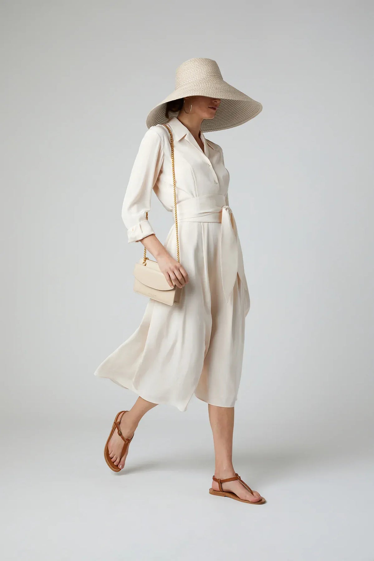 Filomena Silk Full Skirt Shirt Dress in Cream