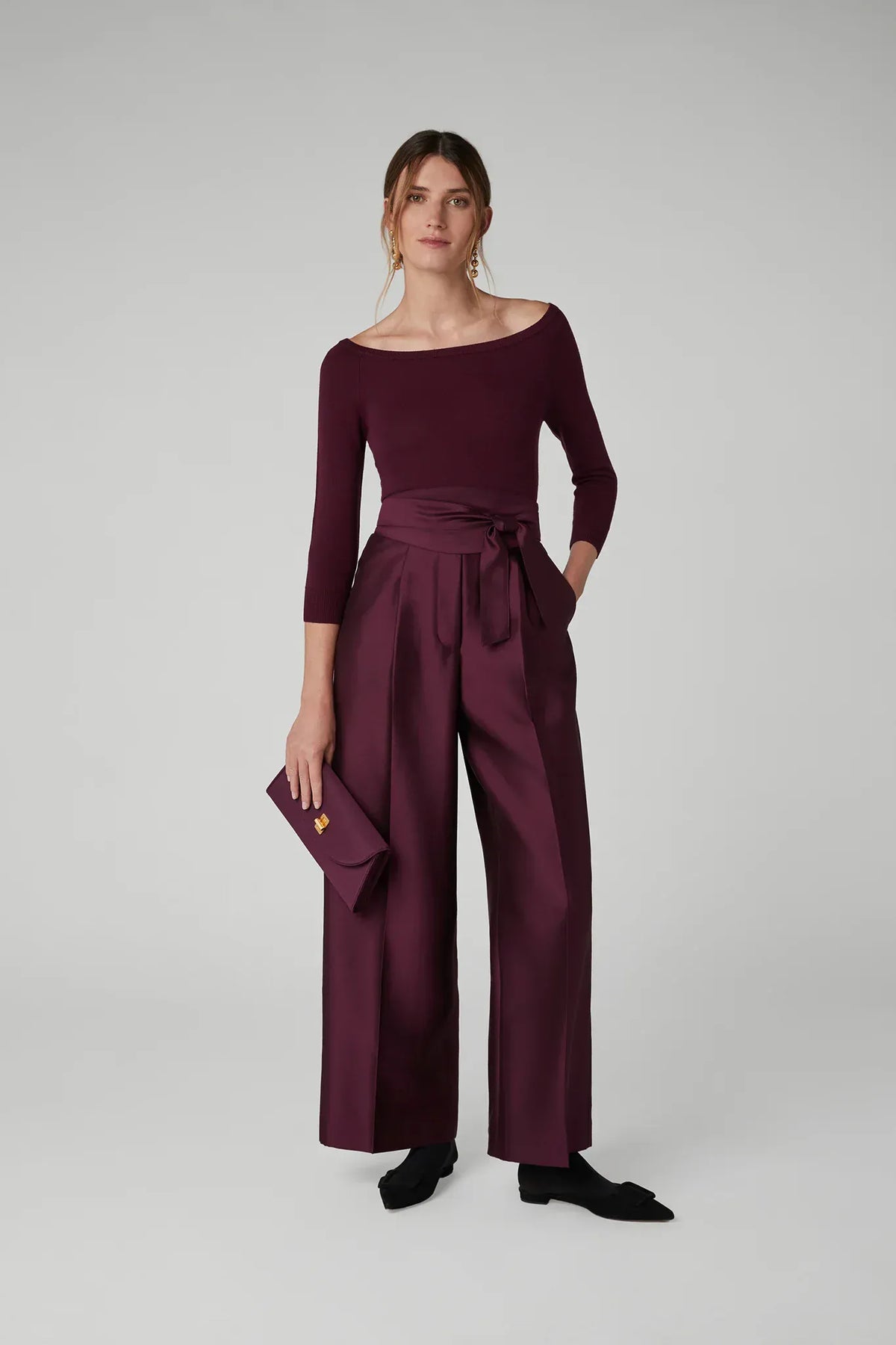 Iona Slash Neck Merino Knitted Top in Berry