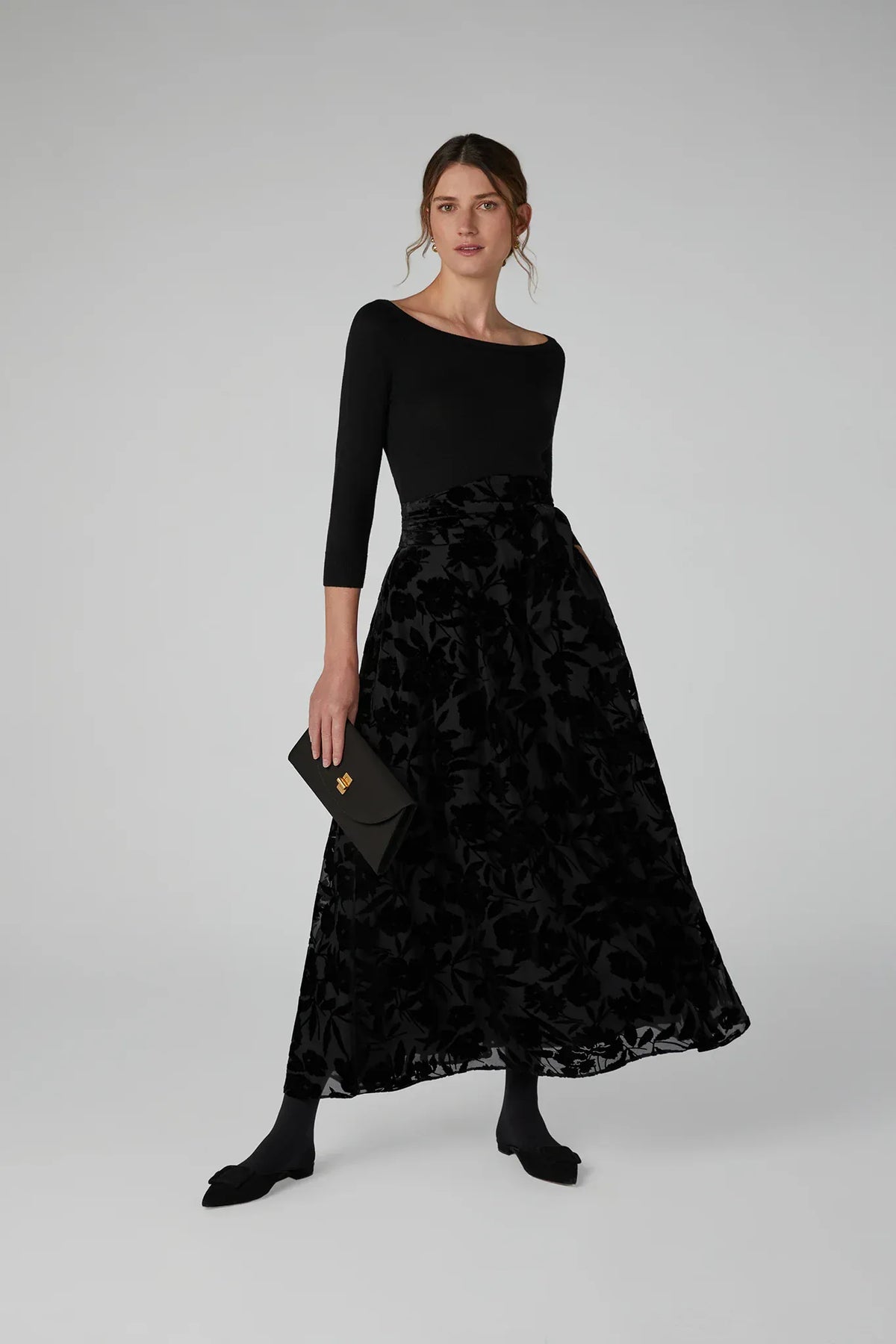 Idalia Velvet Burn Out Skirt in Black Floral