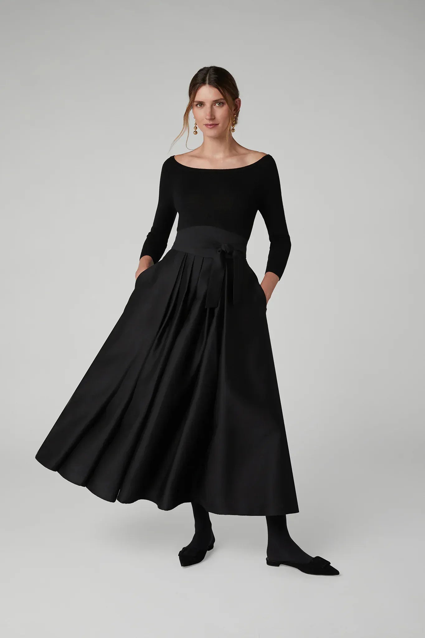 Ida Wool Silk Inverted Pleat Skirt in Black