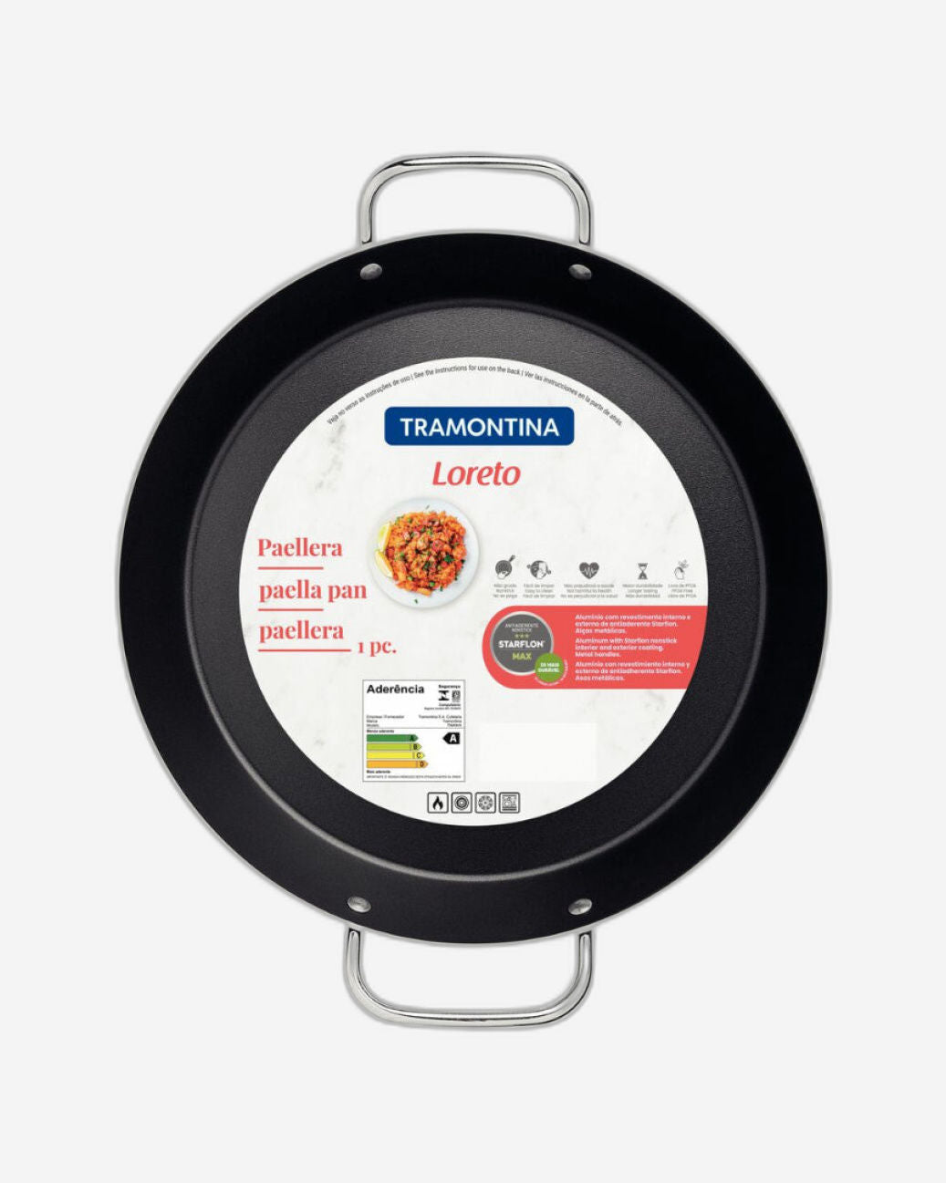 مقلاة ترامونتينا لوريتو المصنوعة من الألومنيوم لتحضير البايلا، مزودة بطبقة داخلية مانعة للالتصاق من نوع ستارفلون ماكس ومقابض معدنية، لون جرافيت، قطر 30 سم، سعة 2.5 لتر